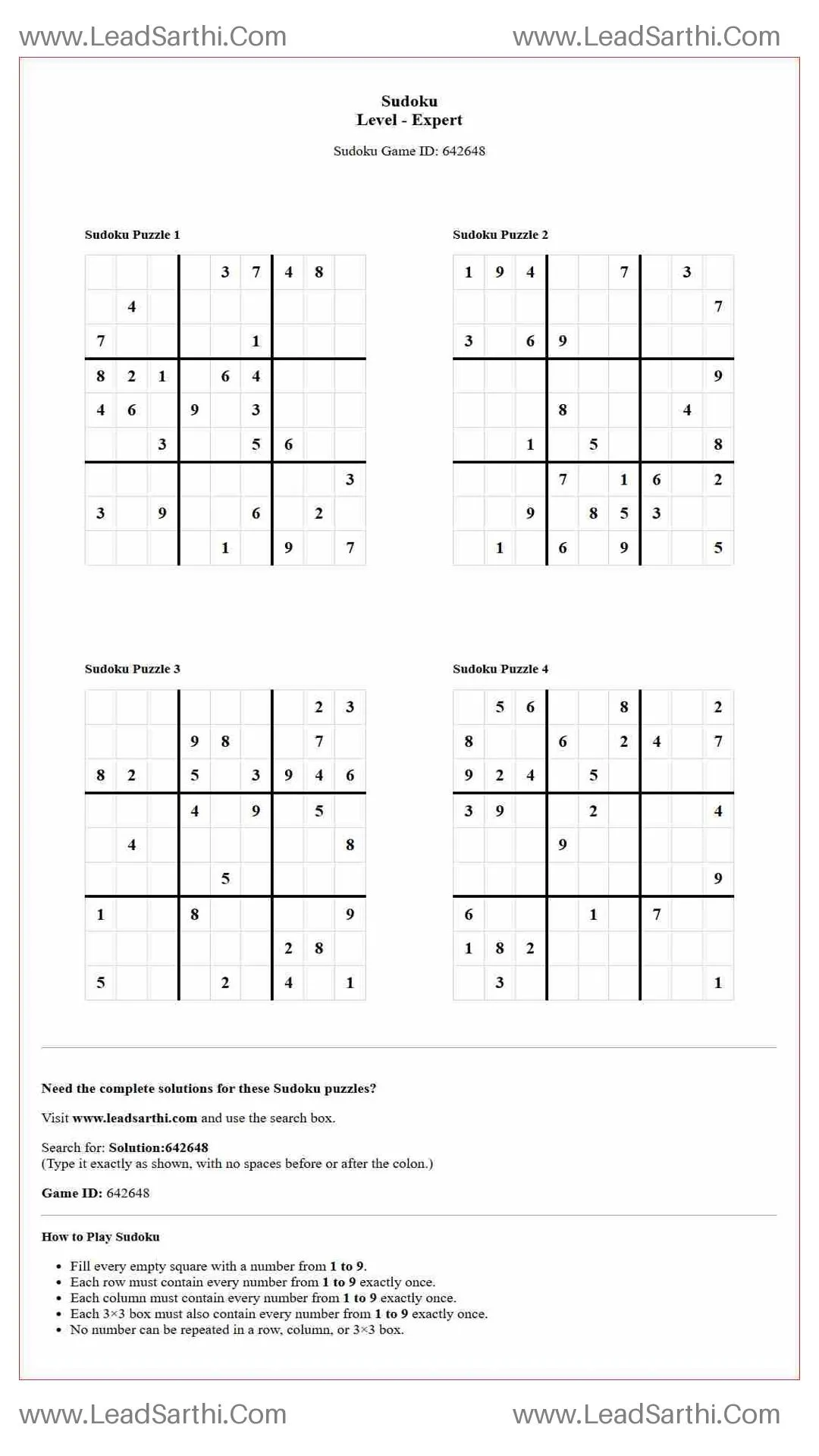 Sudoku Puzzles 4 per Page Expert Level pdf [Game ID: 642648] Thumbnail