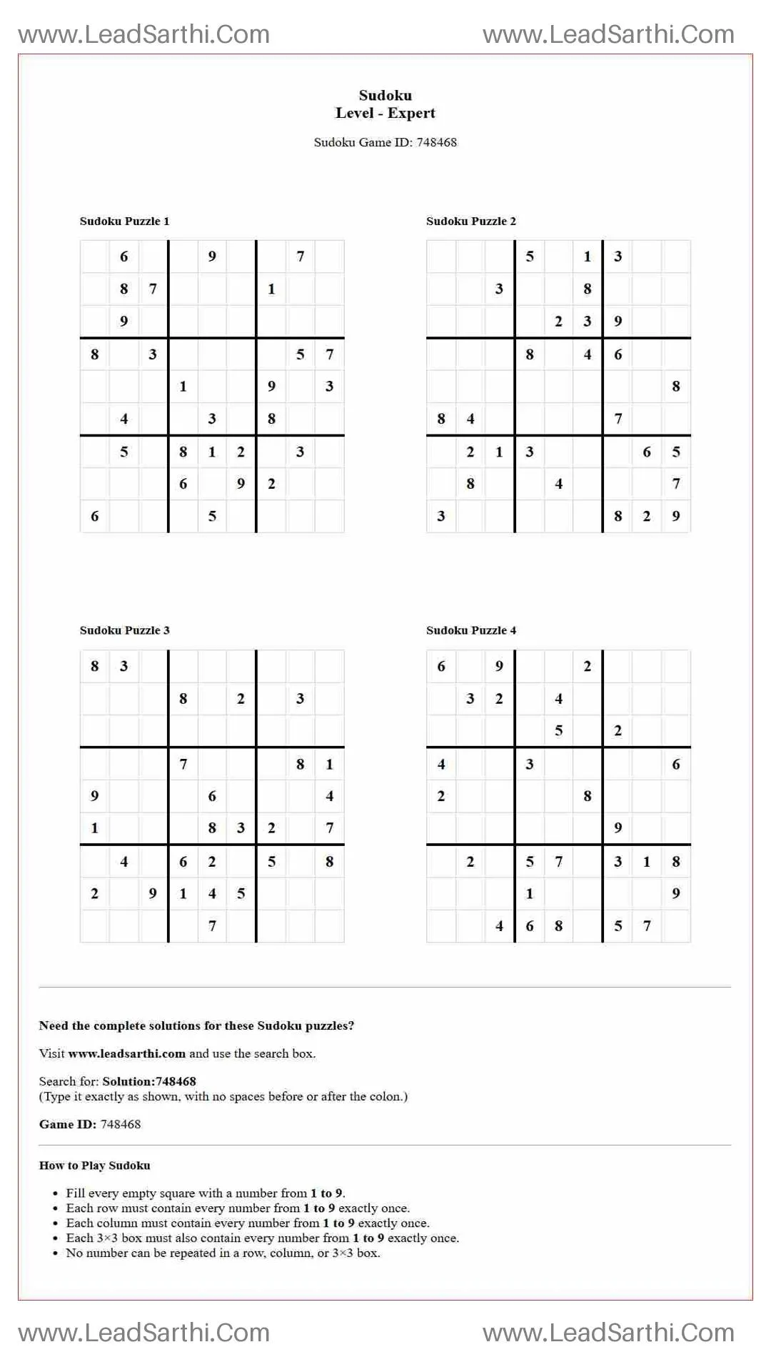 Sudoku Puzzles 4 per Page Expert Level pdf [Game ID: 748468] Thumbnail