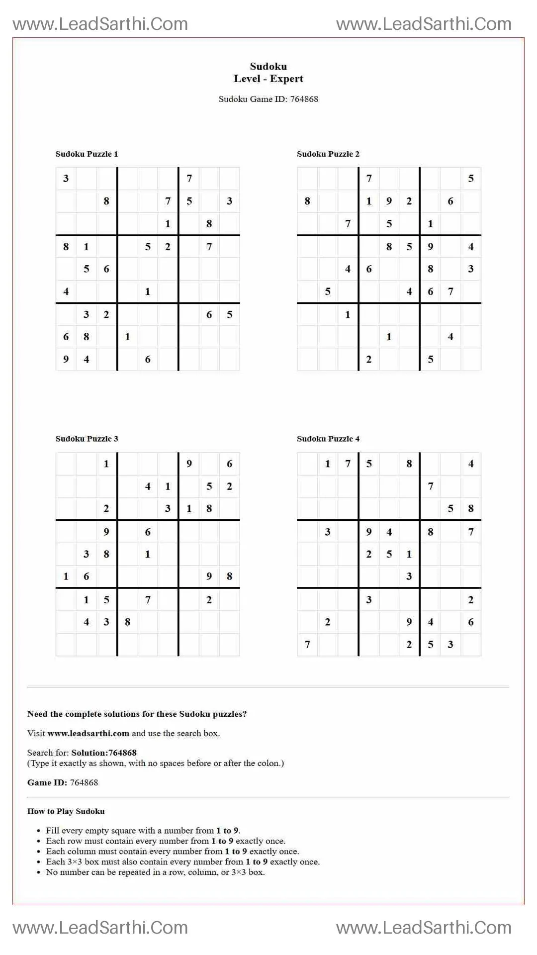 Sudoku Puzzles 4 per Page Expert Level pdf [Game ID: 764868] Thumbnail
