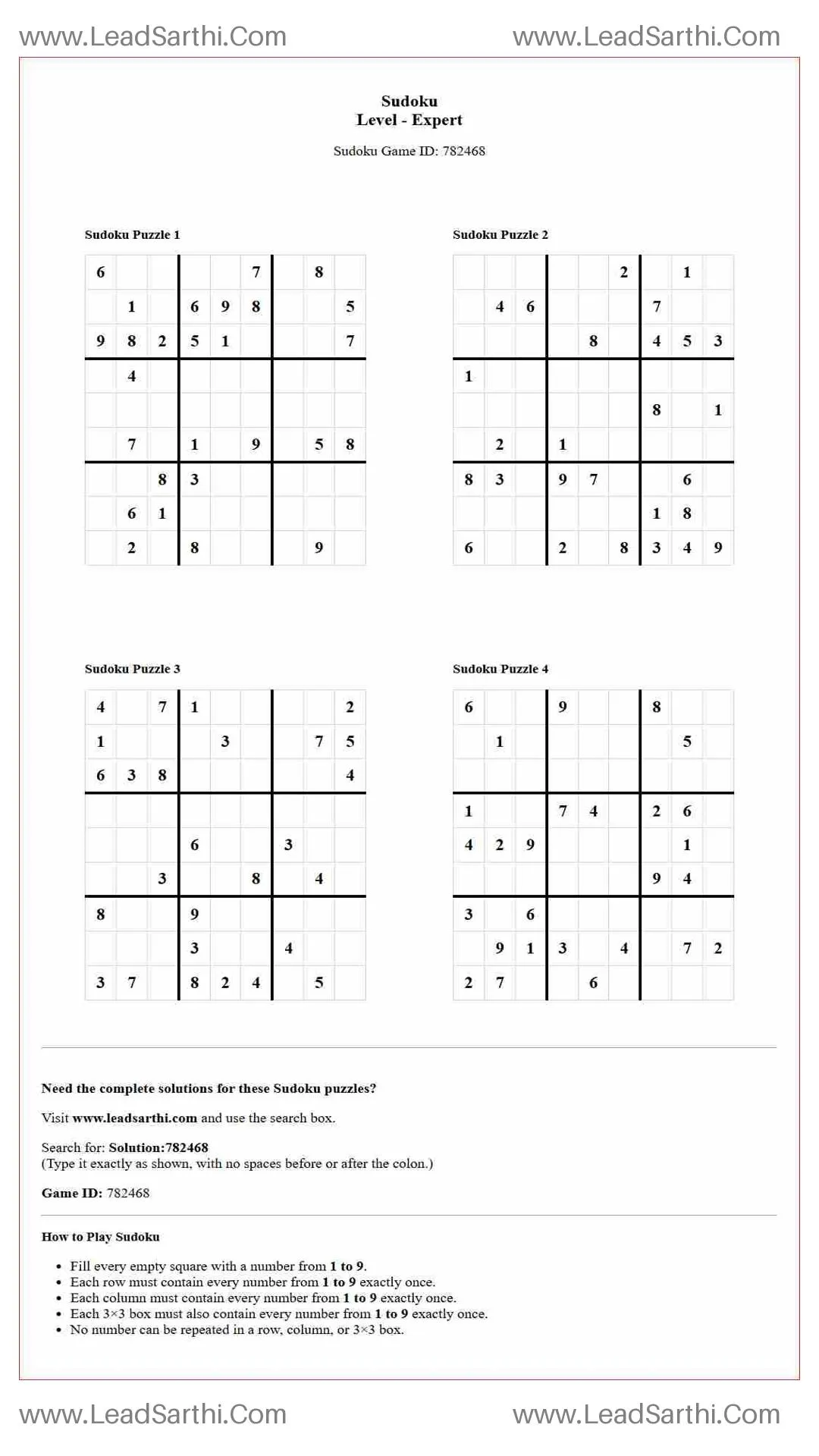Sudoku Puzzles 4 per Page Expert Level pdf [Game ID: 782468] Thumbnail