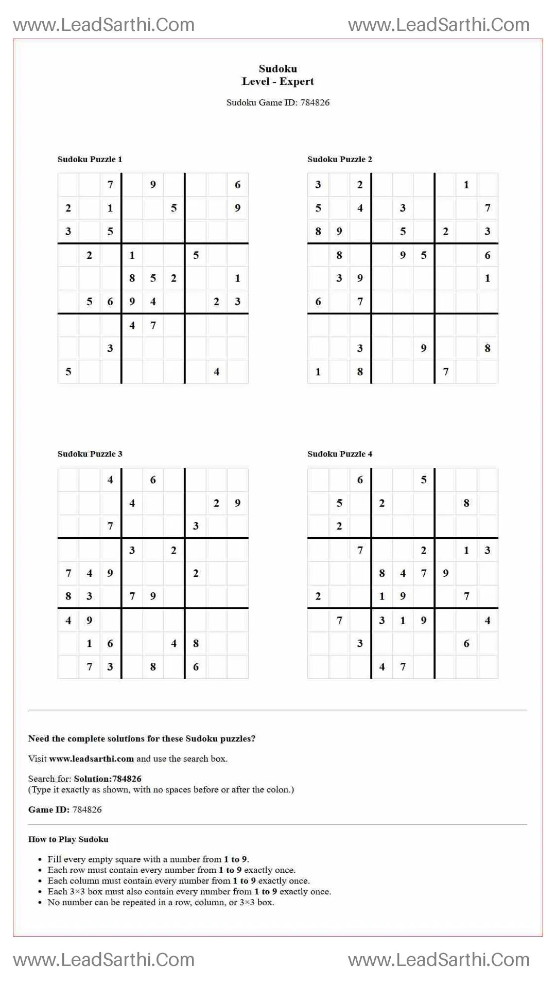 Sudoku Puzzles 4 per Page Expert Level pdf [Game ID: 784826] Thumbnail