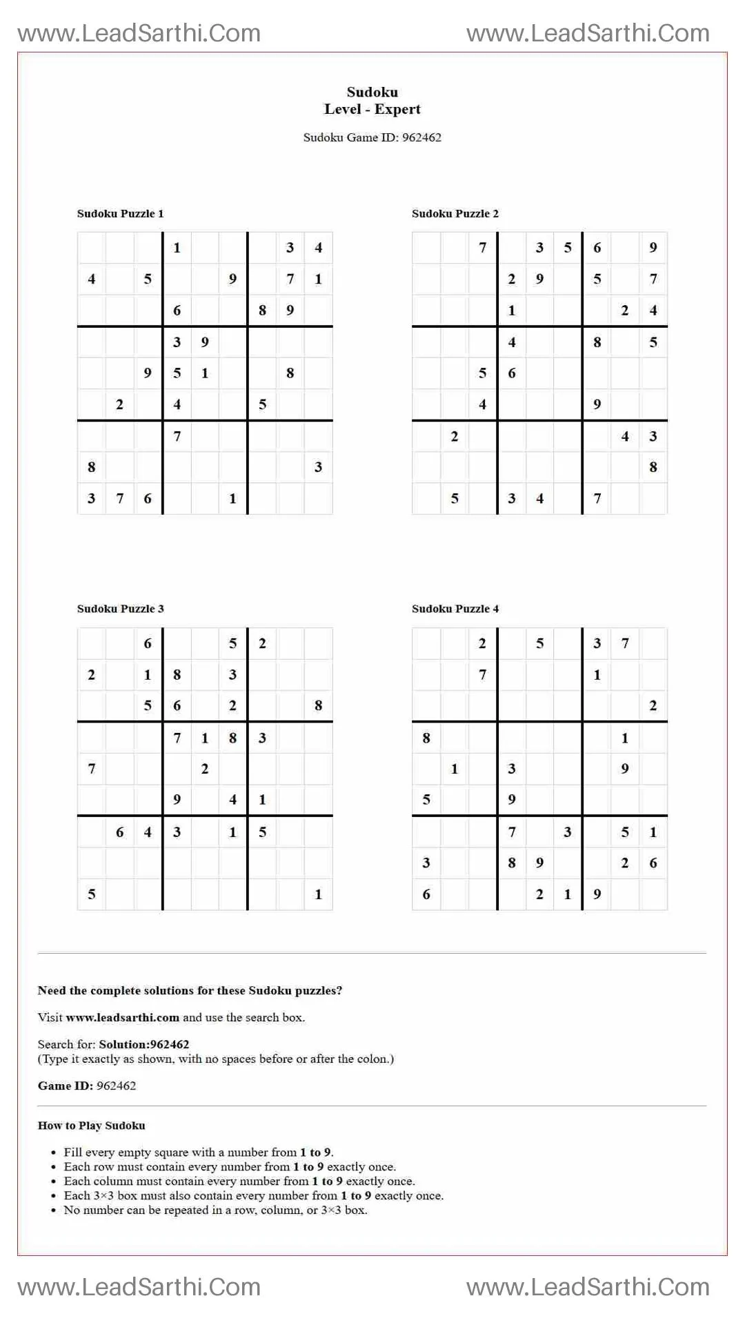 Sudoku Puzzles 4 per Page Expert Level pdf [Game ID: 962462] Thumbnail
