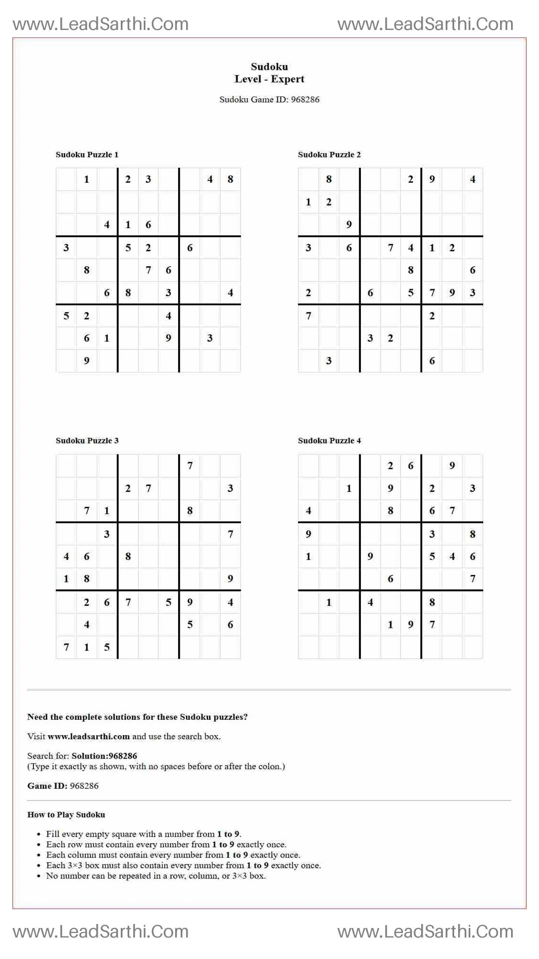 Sudoku Puzzles 4 per Page Expert Level pdf [Game ID: 968286] Thumbnail