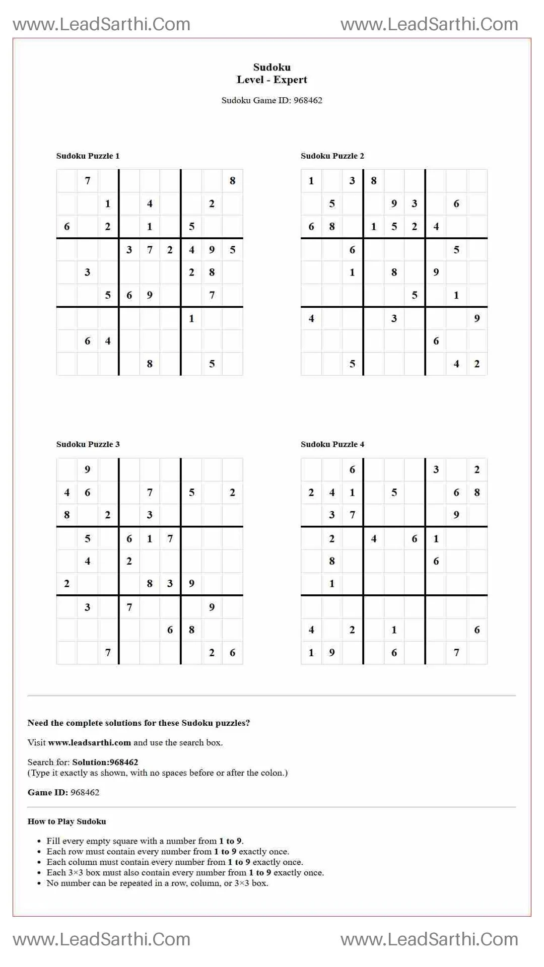 Sudoku Puzzles 4 per Page Expert Level pdf [Game ID: 968462] Thumbnail
