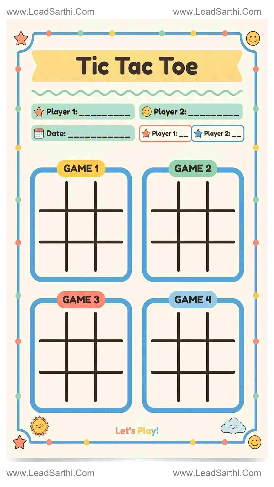 Printable Tic Tac Toe Game Sheet PDF – 4 Boards with Score Tracker Thumbnail