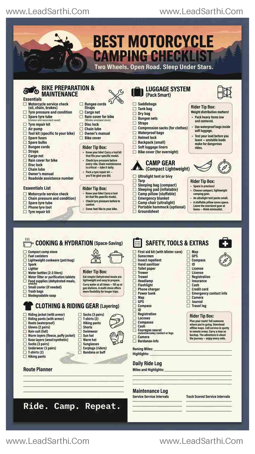 Best Motorcycle Camping Checklist PDF | Printable Motocamping Packing List Thumbnail