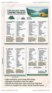 Kiwi Holiday Parks Camping Checklist | Printable NZ Holiday Park Packing List PDF Design Template