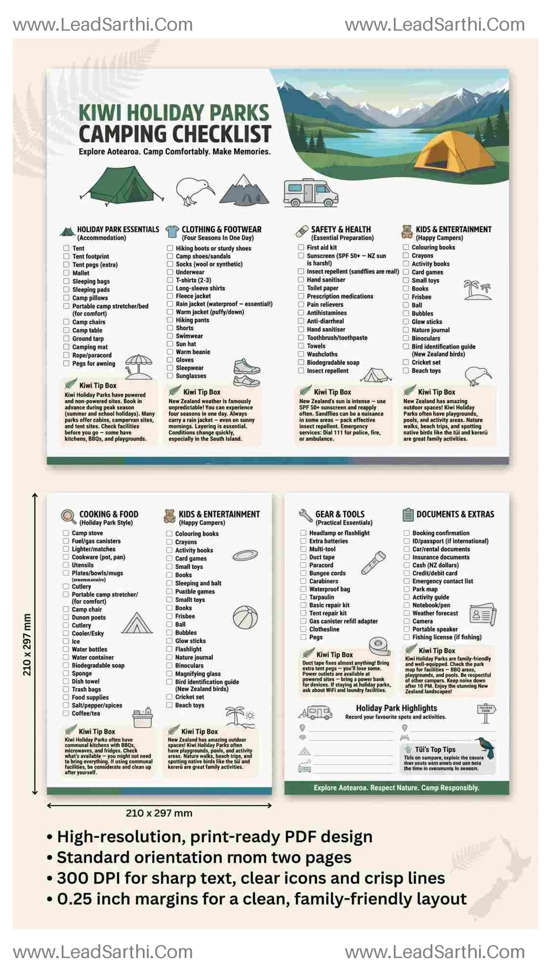 Kiwi Holiday Parks Camping Checklist | Printable NZ Holiday Park Packing List PDF Thumbnail