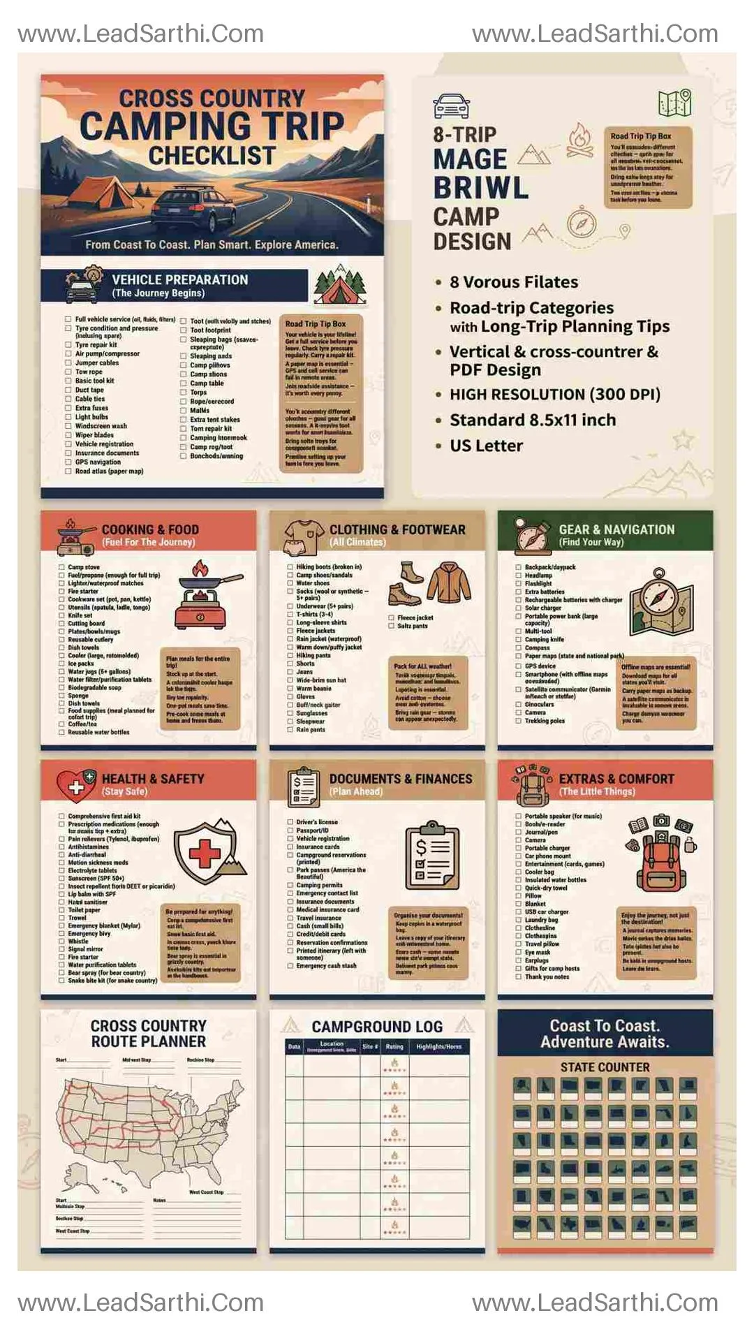 Cross Country Camping Trip Checklist | Printable Road Trip Packing List PDF Thumbnail