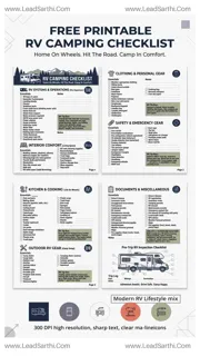Free Printable RV Camping Checklist PDF | Complete RV Packing List For Road Trips Design Template
