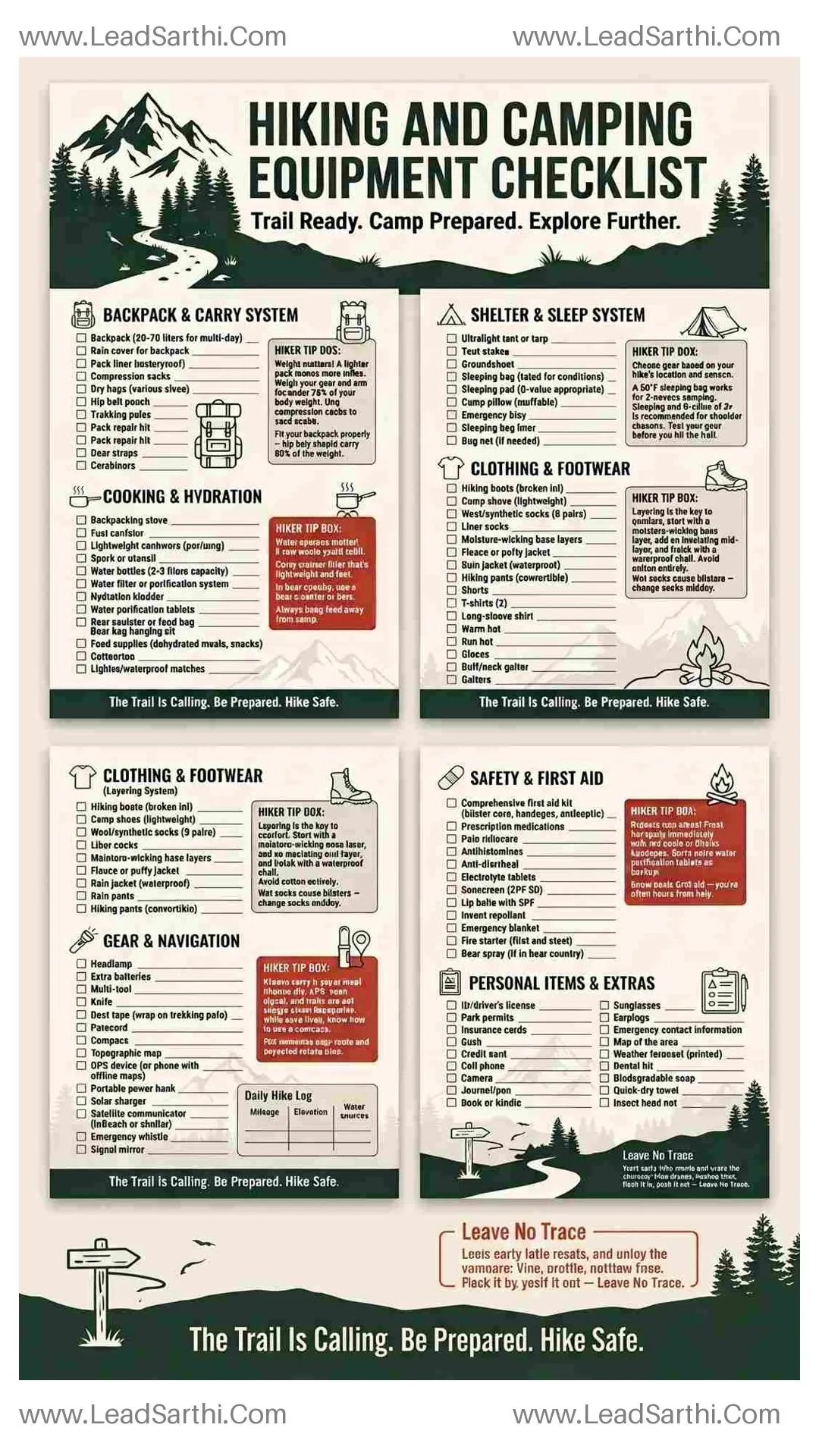 Hiking And Camping Equipment Checklist | Printable Backpacking Gear List PDF Thumbnail