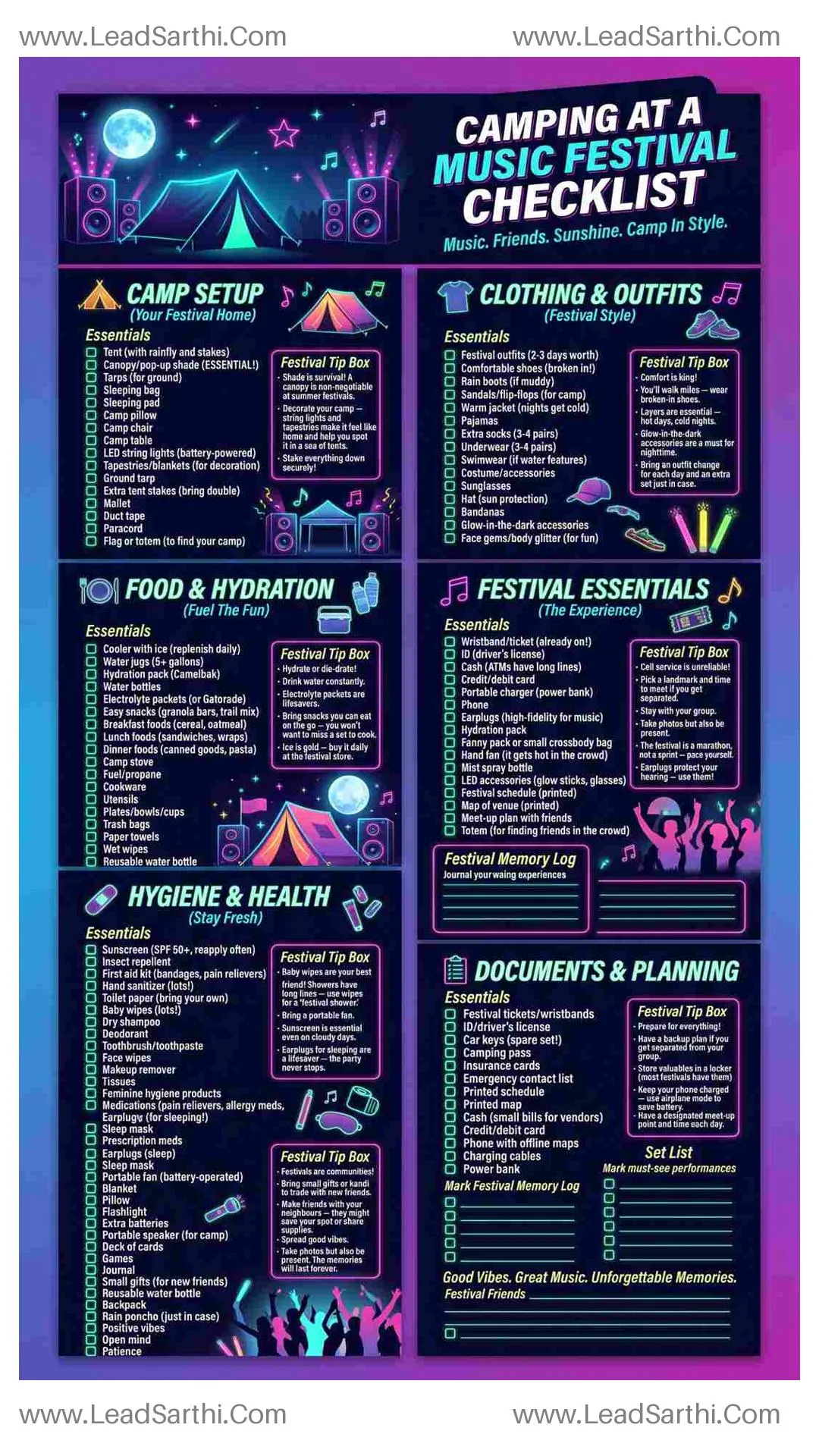 Camping At A Music Festival Checklist | Printable Festival Camping Packing List PDF Thumbnail
