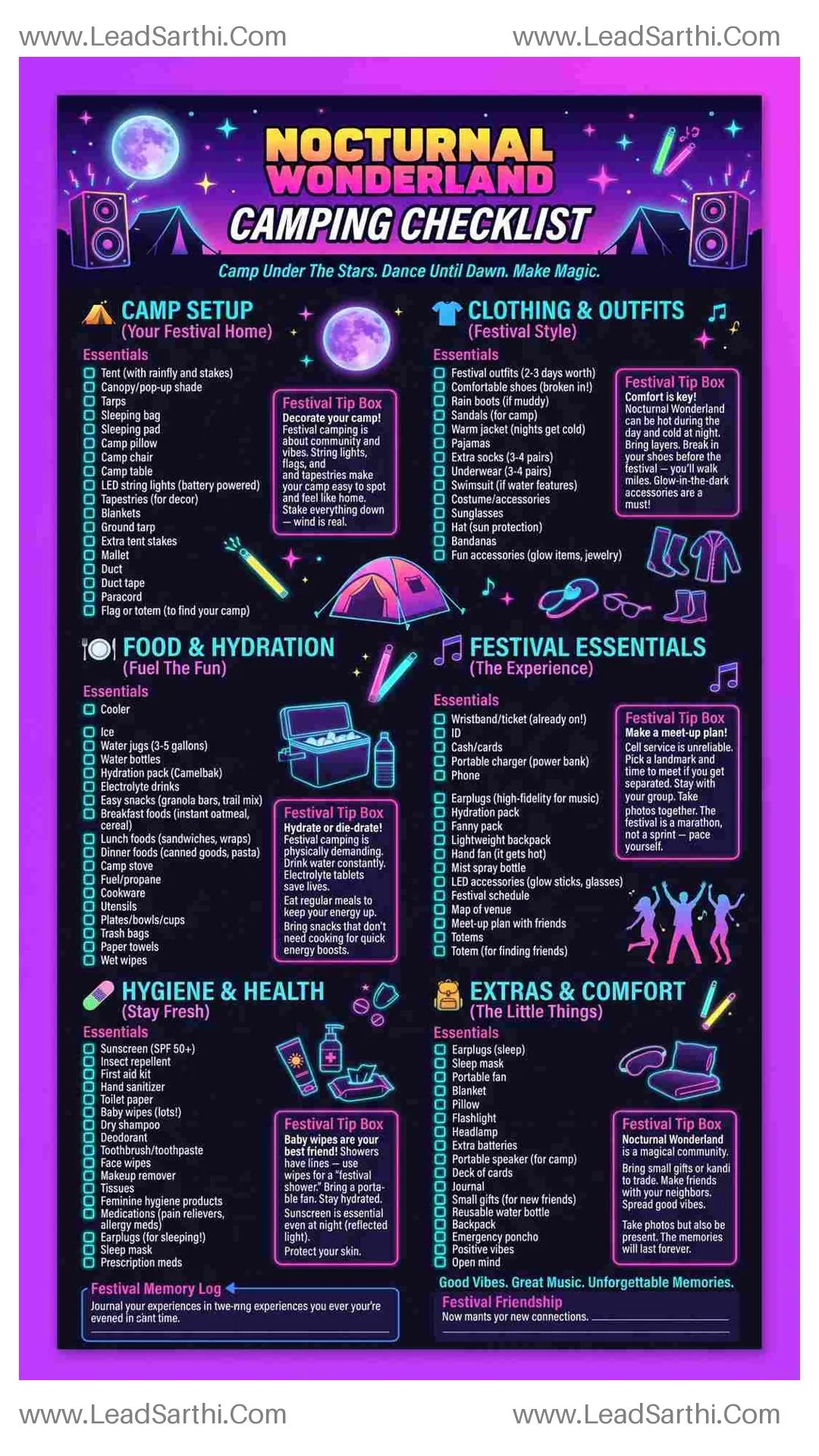 Nocturnal Wonderland Camping Checklist | Printable Festival Packing List PDF Thumbnail