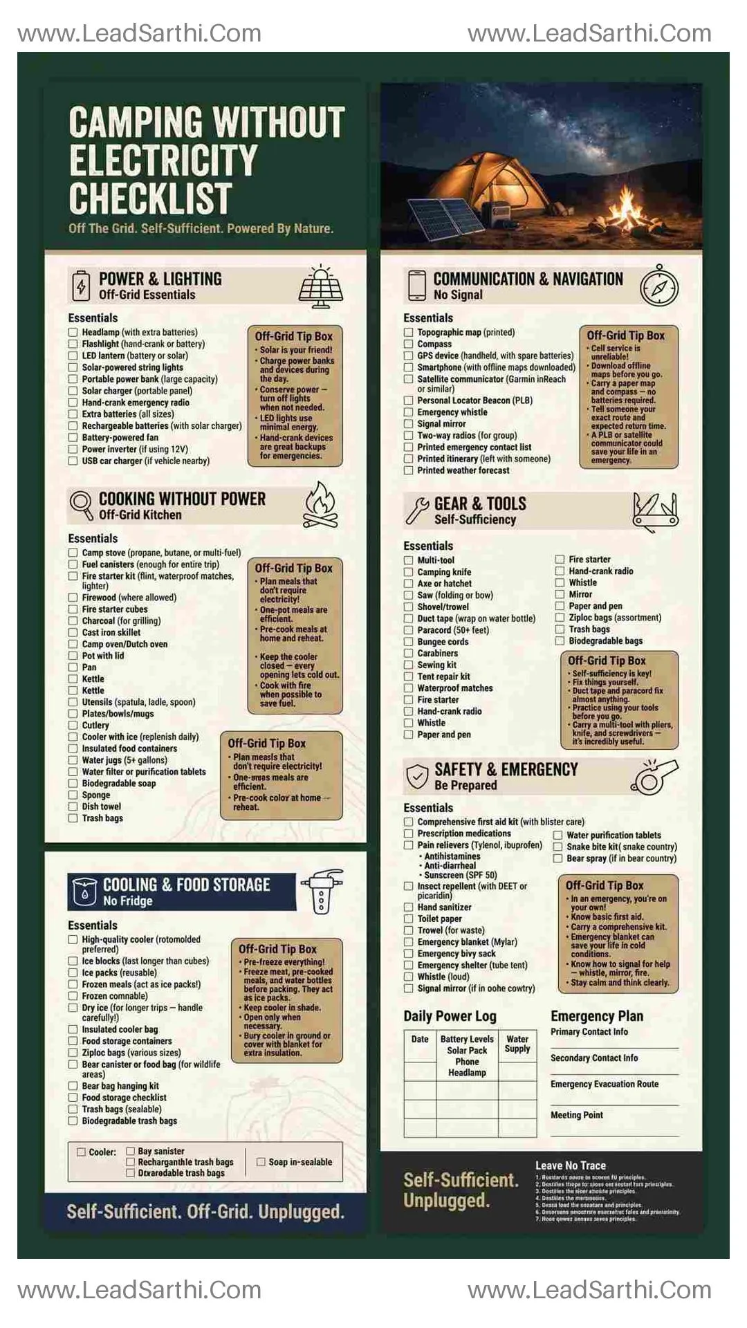 Camping Without Electricity Checklist | Printable Off-Grid Packing List PDF Thumbnail