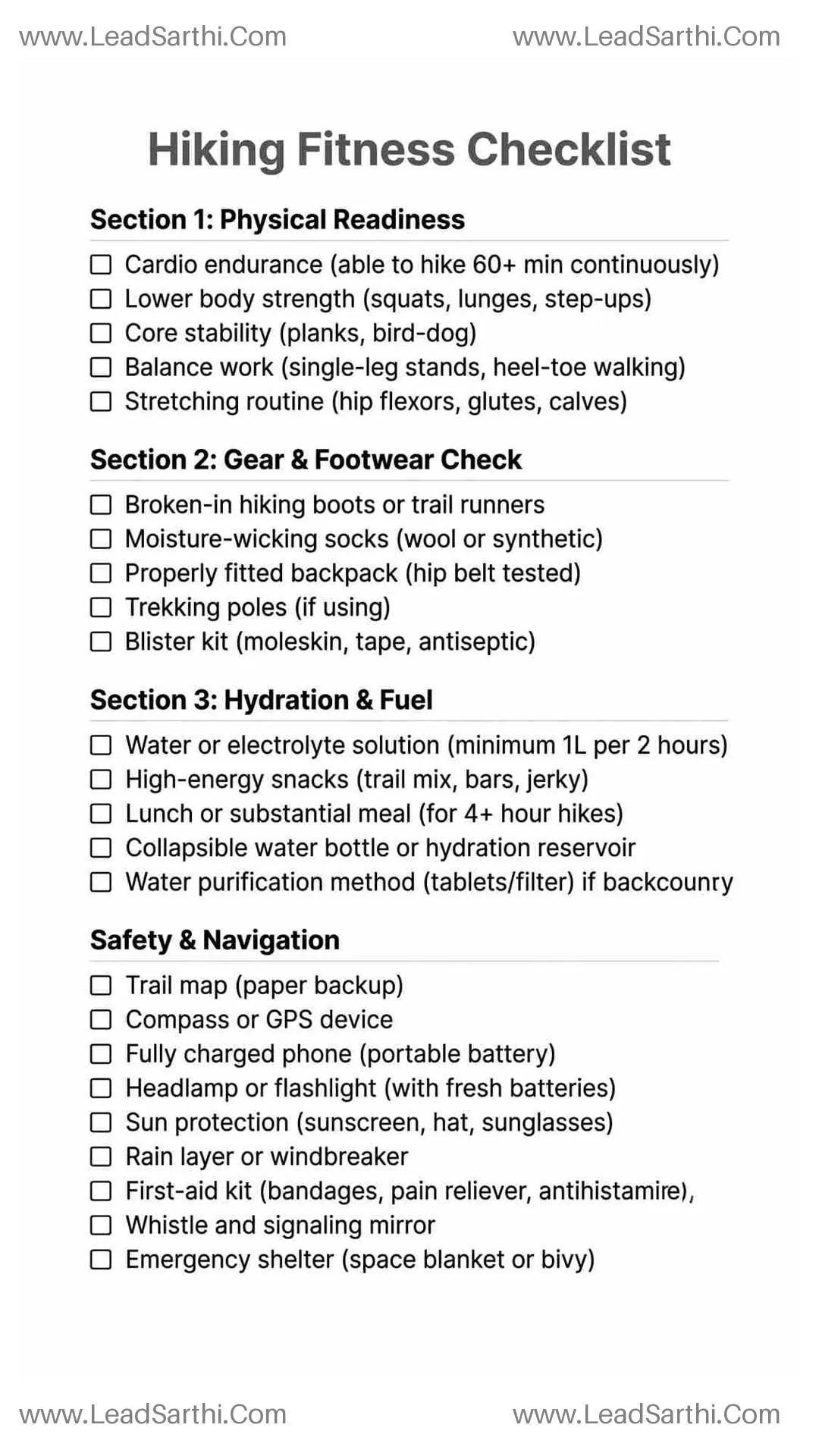 Printable Hiking Fitness Checklist PDF – Trail Prep & Gear Guide Thumbnail
