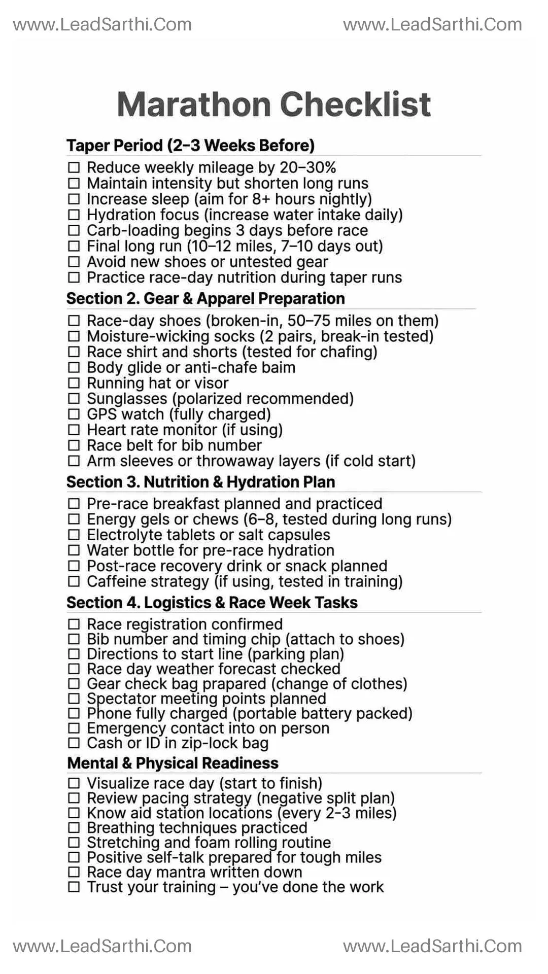Printable Marathon Checklist PDF – Taper, Gear, Nutrition & Race Prep Thumbnail