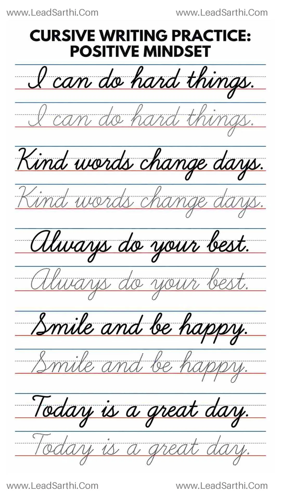 Printable Cursive Positive Sentences Worksheet 3 (Tracing PDF) Thumbnail