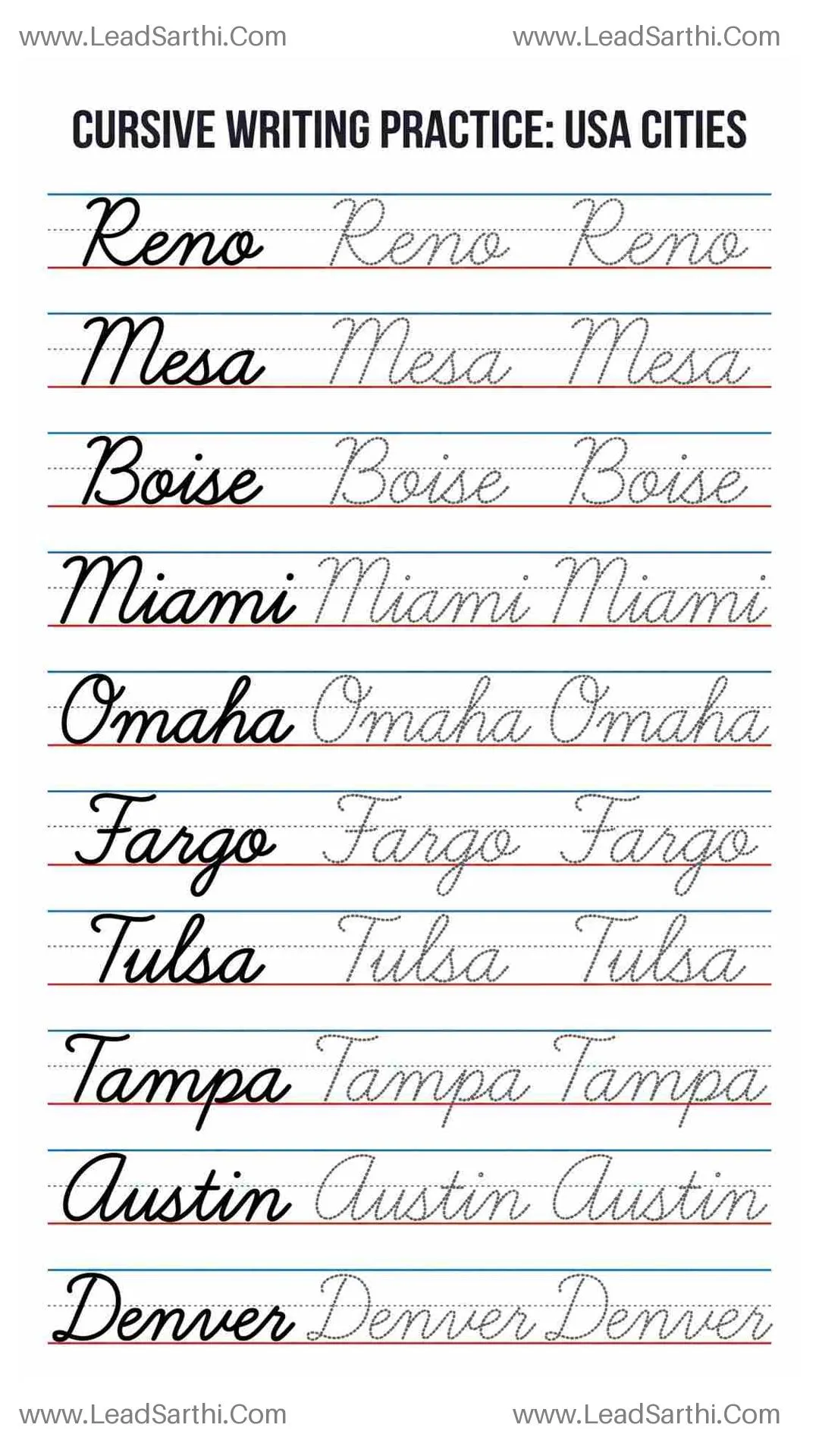 Cursive USA Cities Worksheet: American Geography Handwriting Tracing Thumbnail