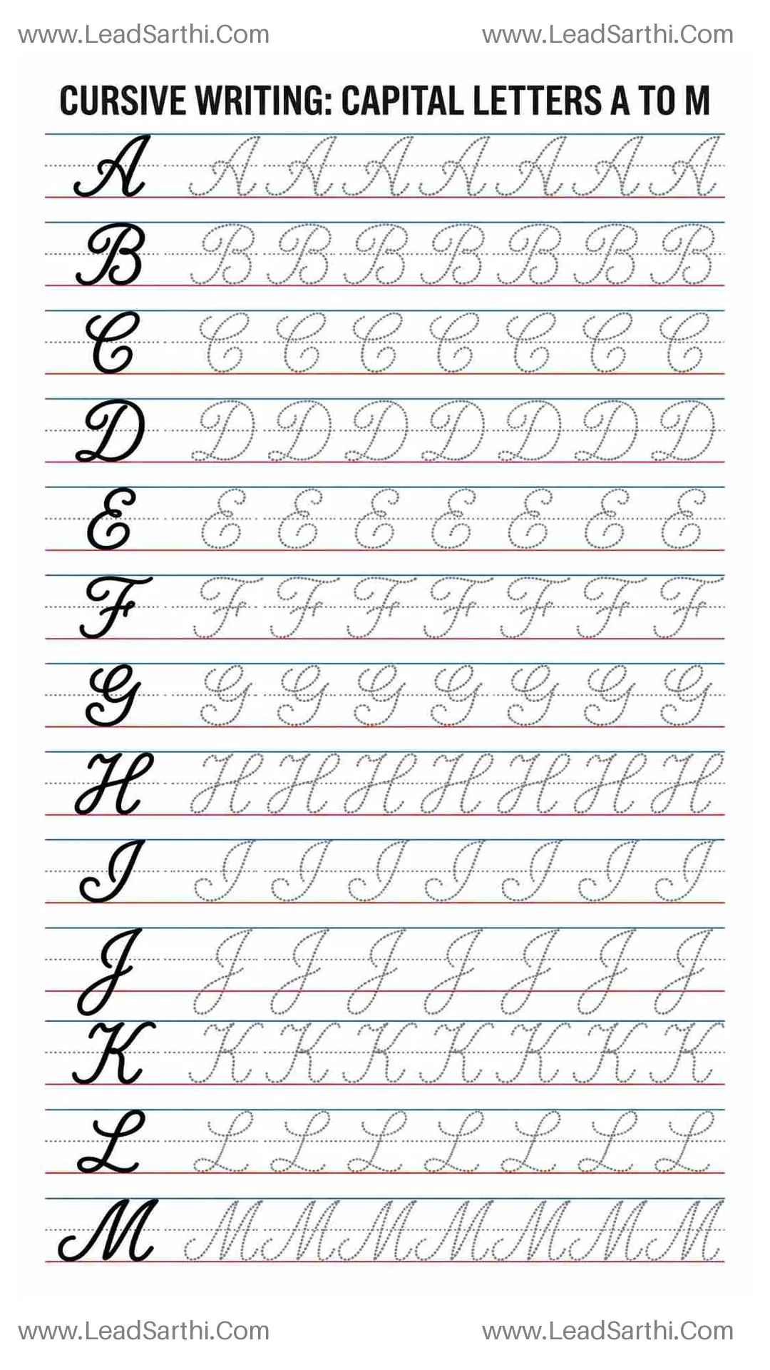 Printable Cursive Capital Letters A to M Worksheet (10-Row Tracing PDF) Thumbnail