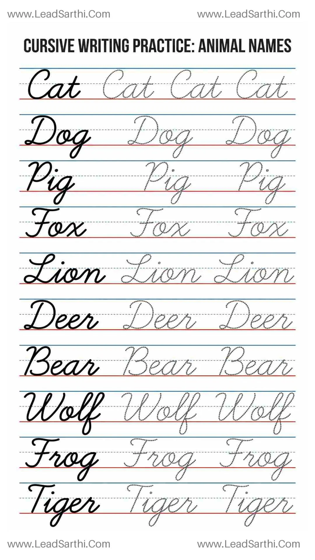 Cursive Animal Words PDF: Capital Letter Handwriting Tracing Sheet Thumbnail