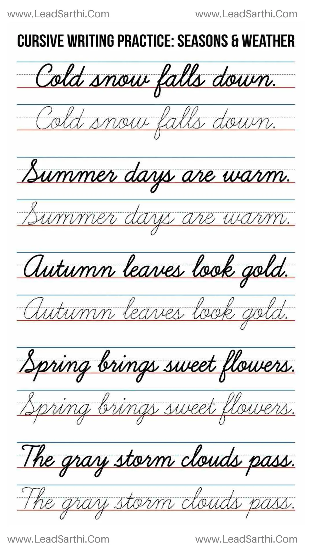 Printable Cursive Seasons and Weather Worksheet 8 Thumbnail