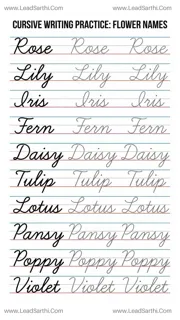 Elegant Flower Cursive Writing Sheet: Botanical Tracing Practice Template Design Template