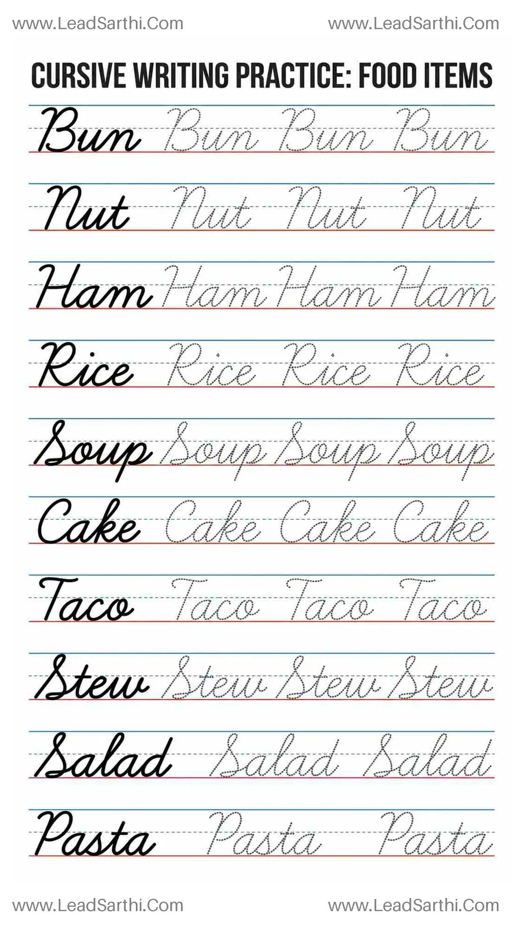 Cursive Food Words Worksheet: Culinary Vocabulary Handwriting Tracing Thumbnail