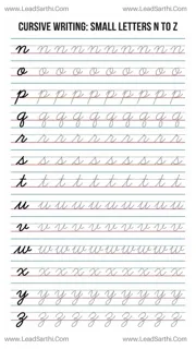 Printable Cursive Lowercase Letters n to z Worksheet (10-Row Tracing PDF) Design Template
