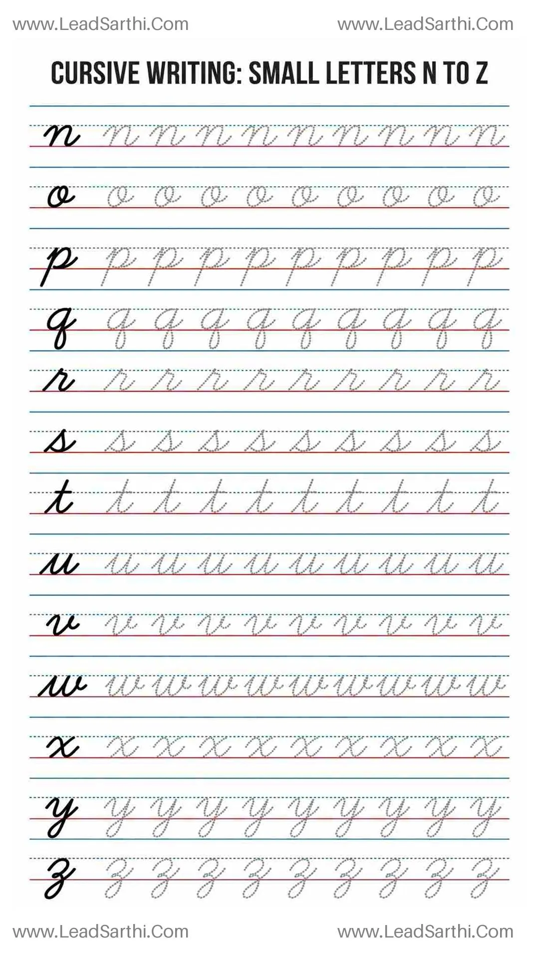Printable Cursive Lowercase Letters n to z Worksheet (10-Row Tracing PDF) Thumbnail