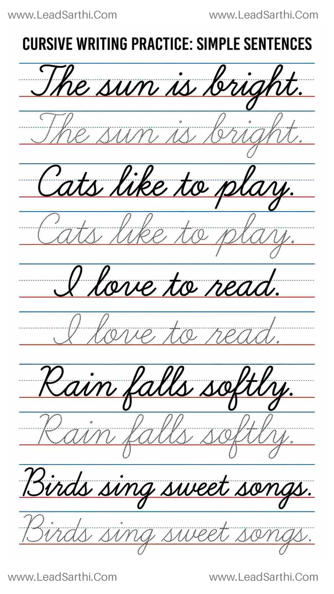 Printable Cursive Sentence Tracing Worksheet 1 (5-Sentence PDF) Thumbnail