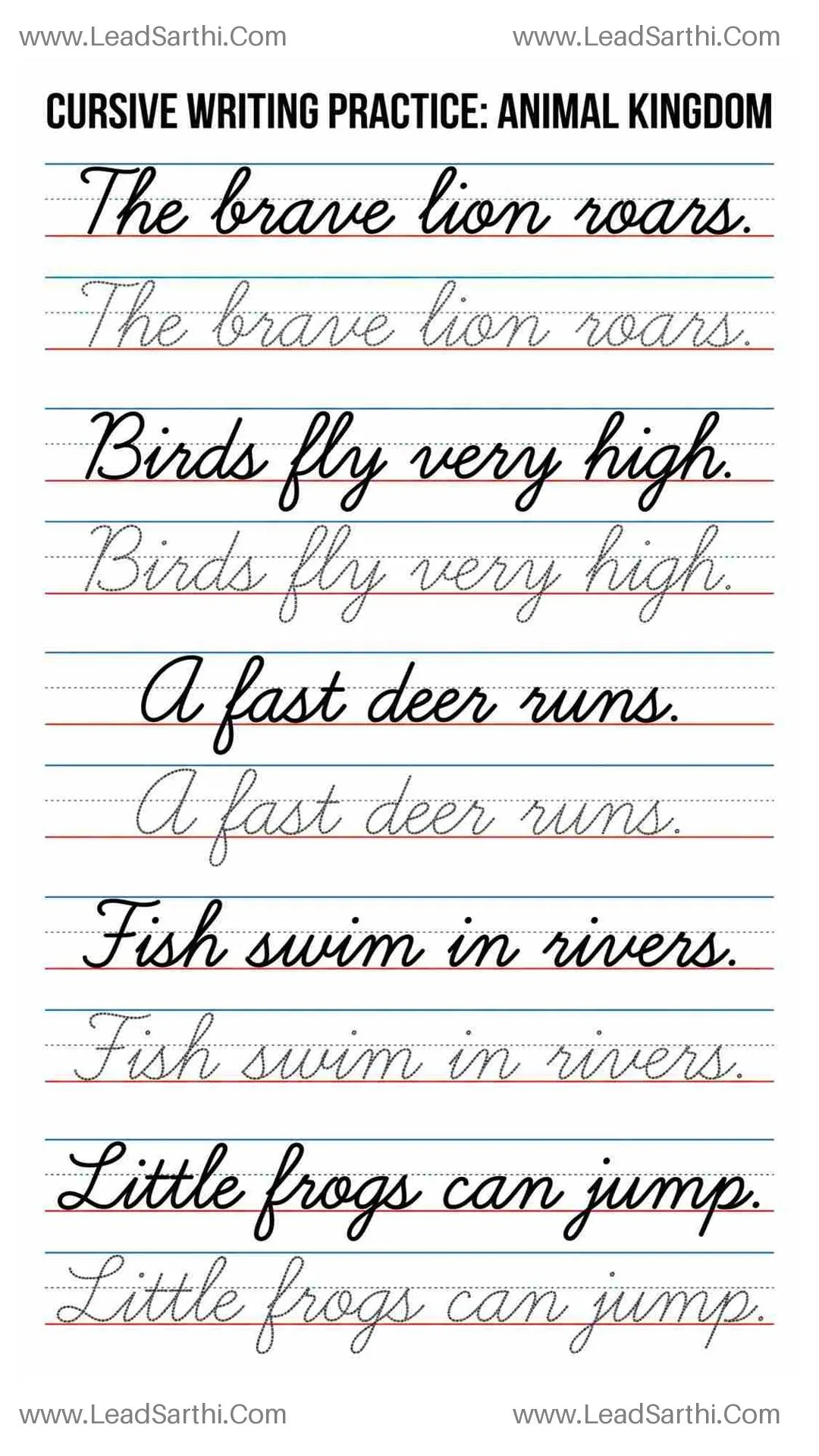 Printable Cursive Animal Sentences Practice Sheet 6 (Free Tracing PDF) Thumbnail