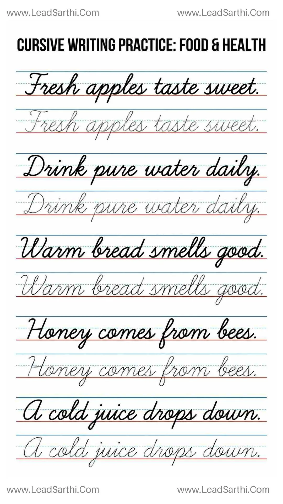 Printable Cursive Food and Health Worksheet 9 Thumbnail