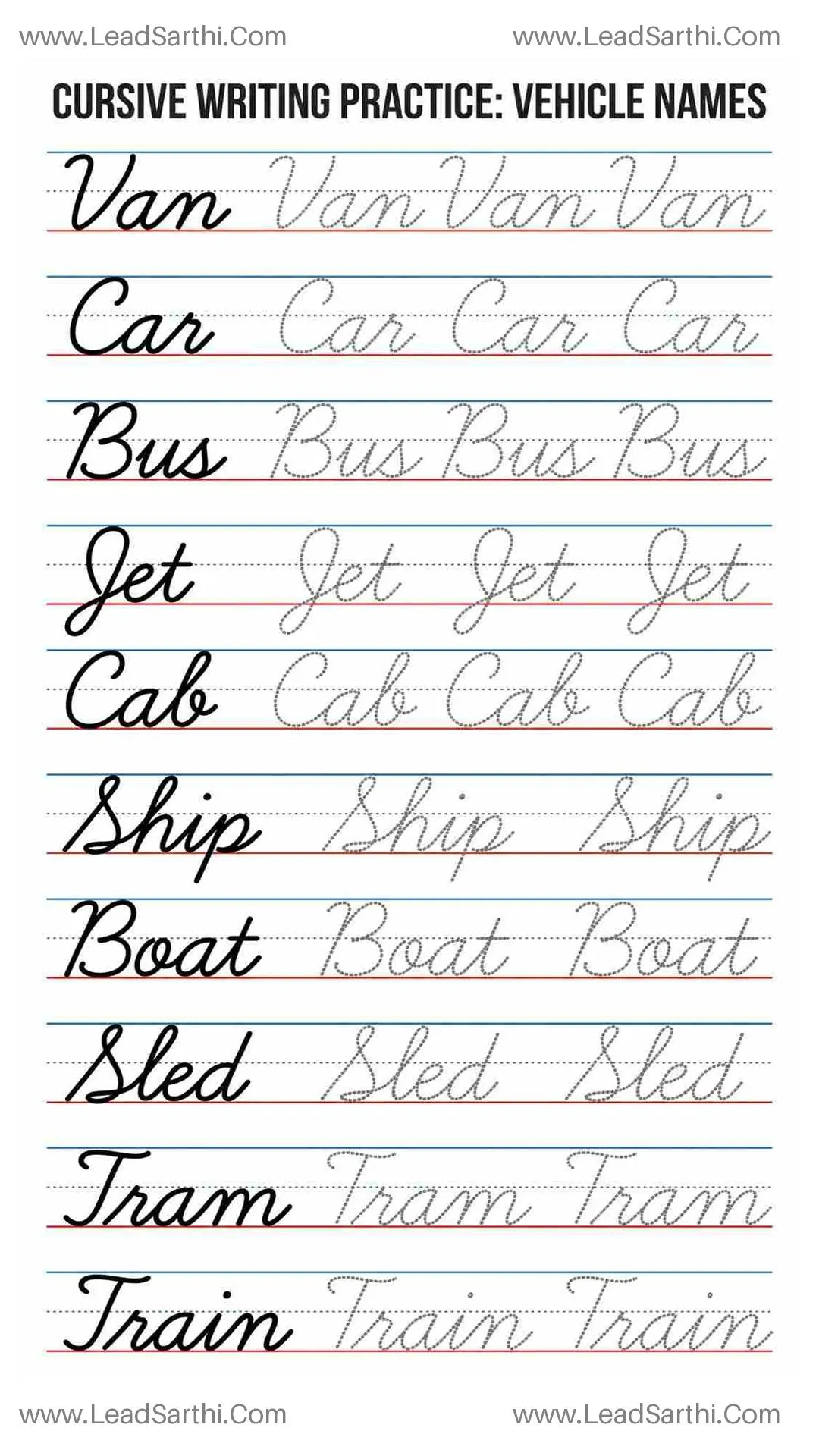 Cursive Vehicle Words Practice Page: Script Tracing for Kinetic Control Thumbnail