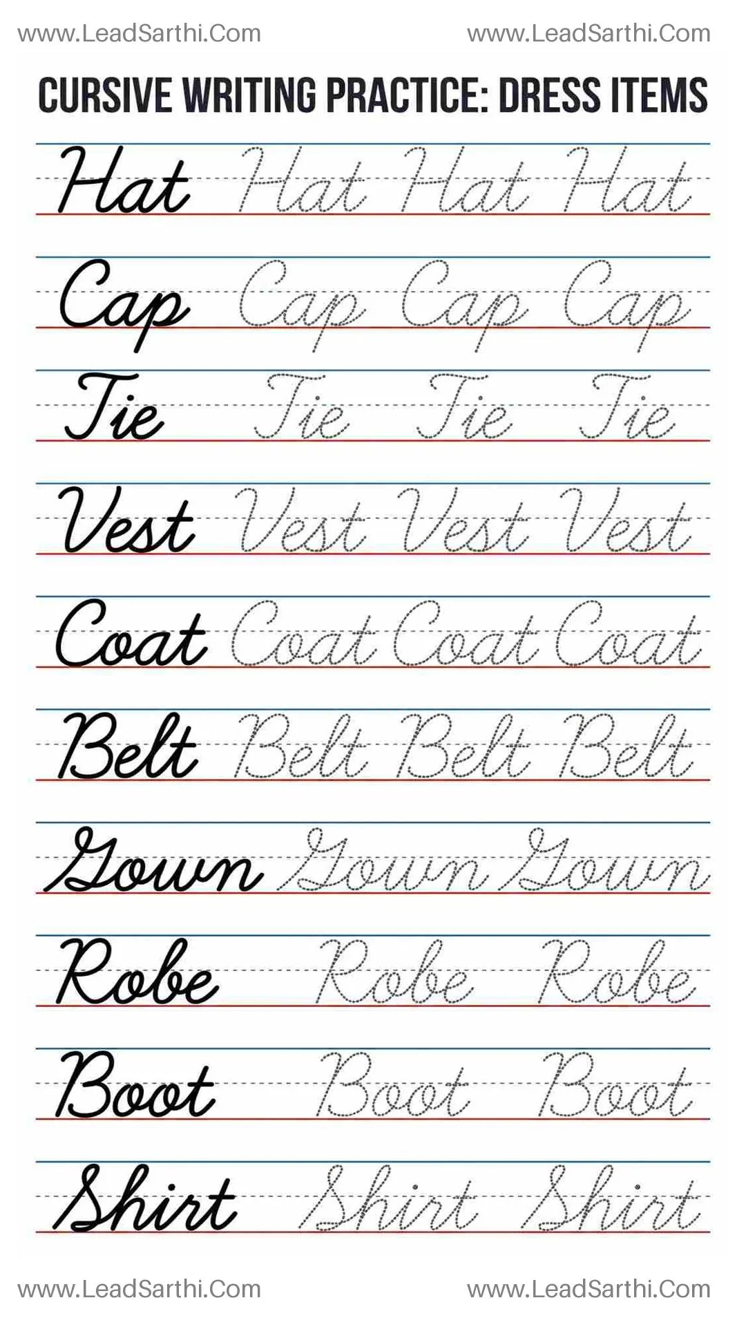 Cursive Clothing Words Practice Sheet: Apparel Vocabulary Script Tracing Thumbnail