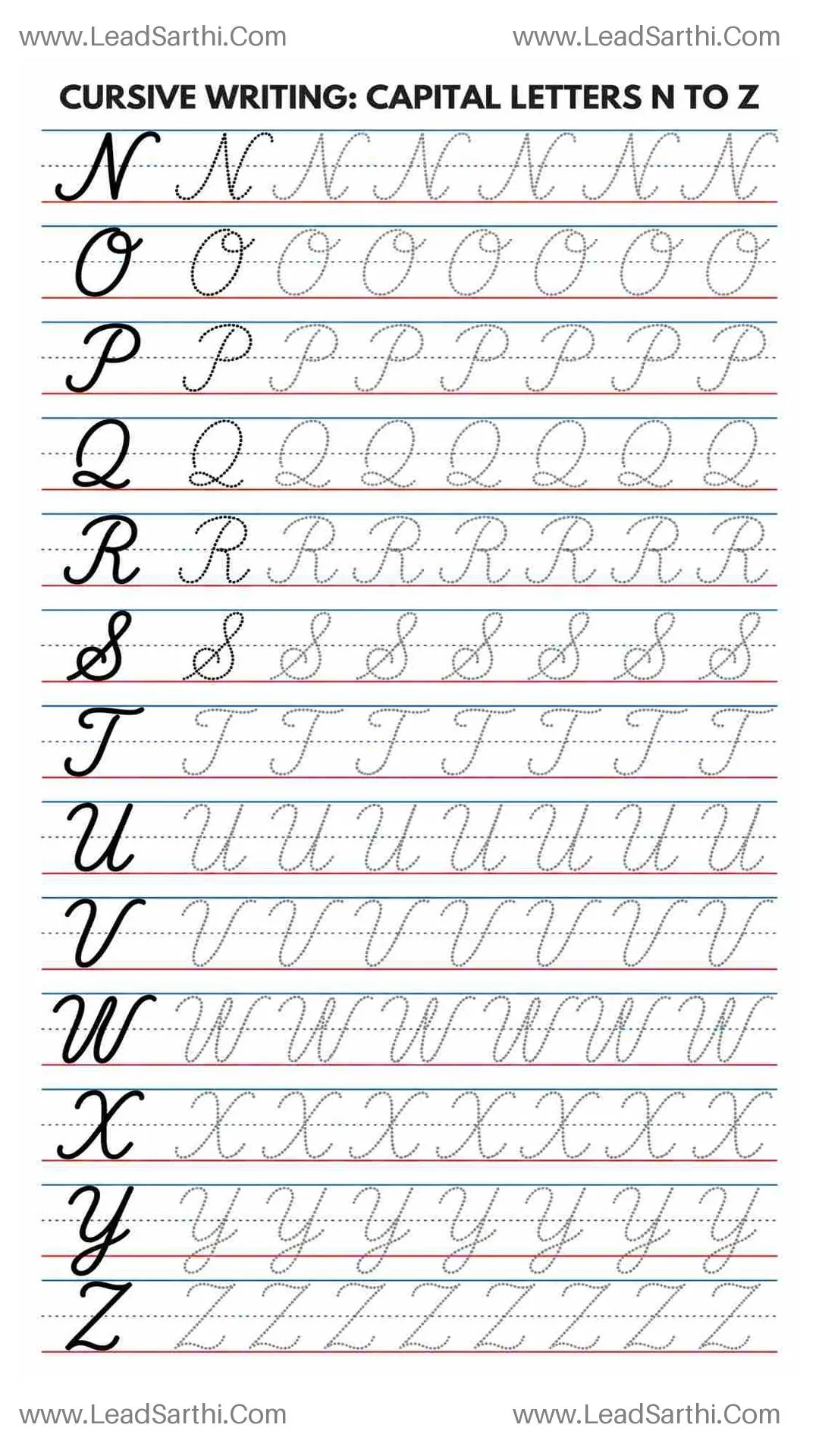 Printable Cursive Capital Letters N to Z Worksheet (10-Row Tracing PDF) Thumbnail