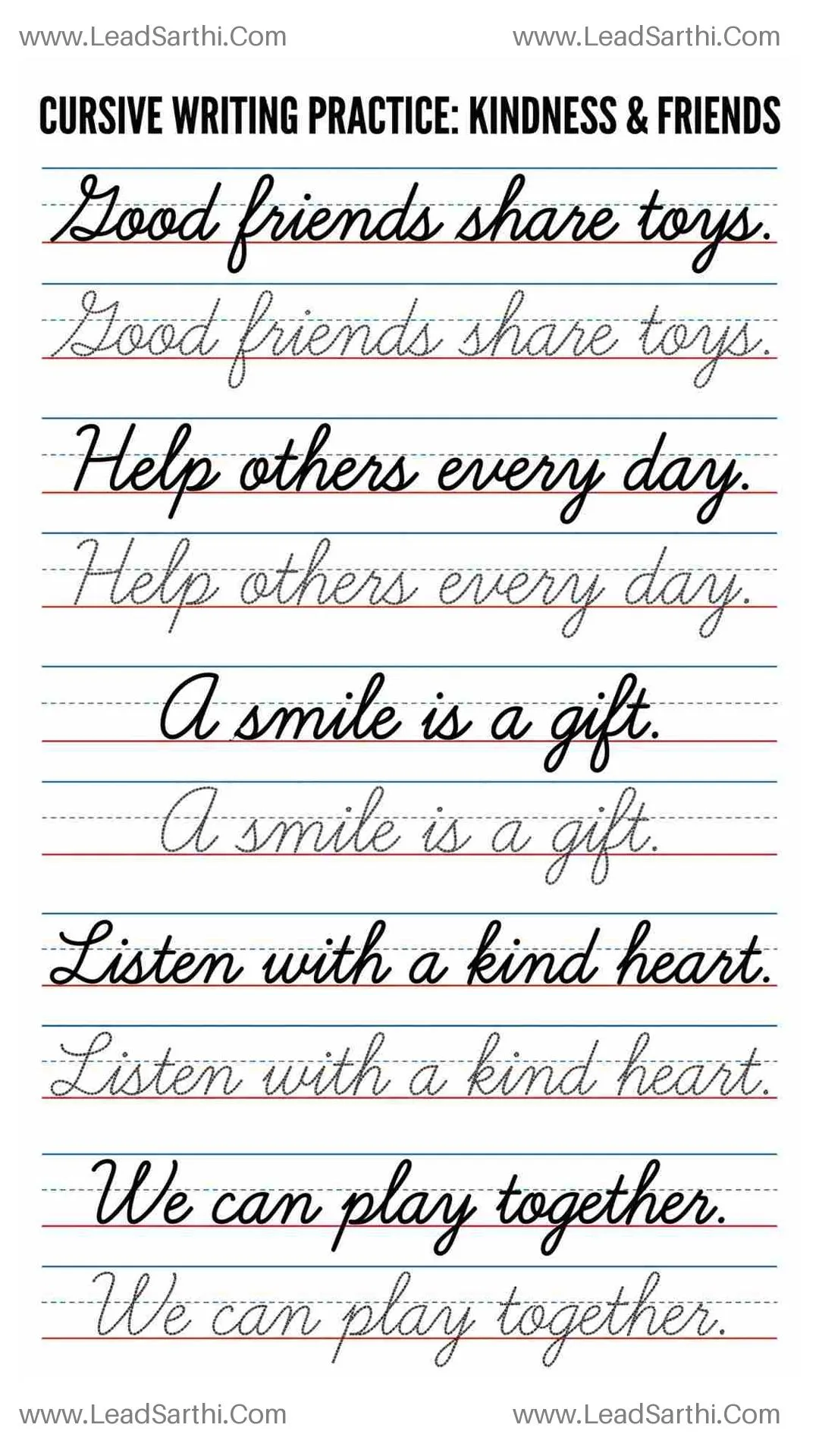 Printable Cursive Kindness Sentences Practice Sheet 7 Thumbnail