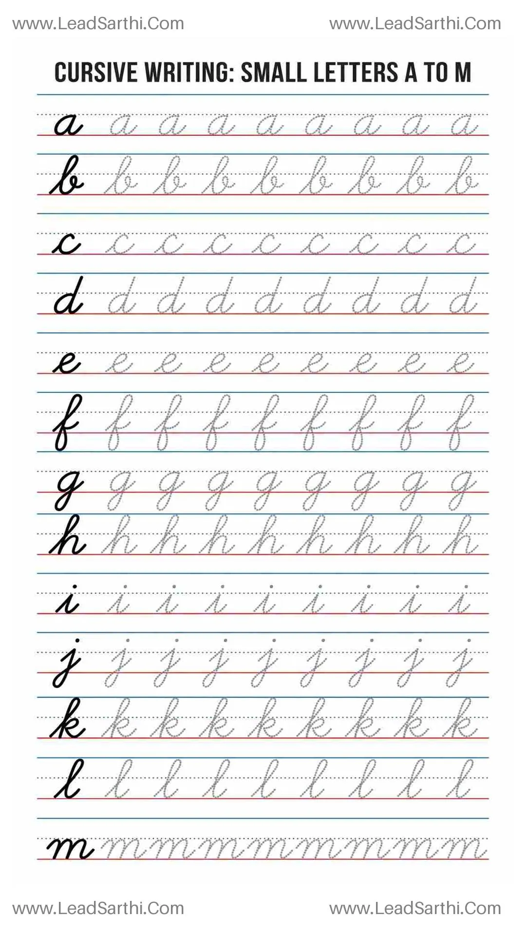 Printable Cursive Lowercase Letters a to m Worksheet (10-Row Tracing PDF) Thumbnail