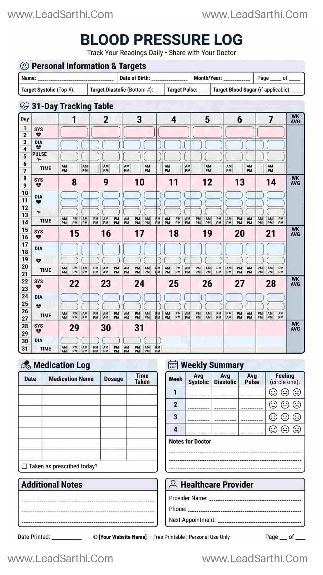 Blood Pressure Logsheet | Printable Clinical Tracker | Monitor & Track Daily Readings Thumbnail