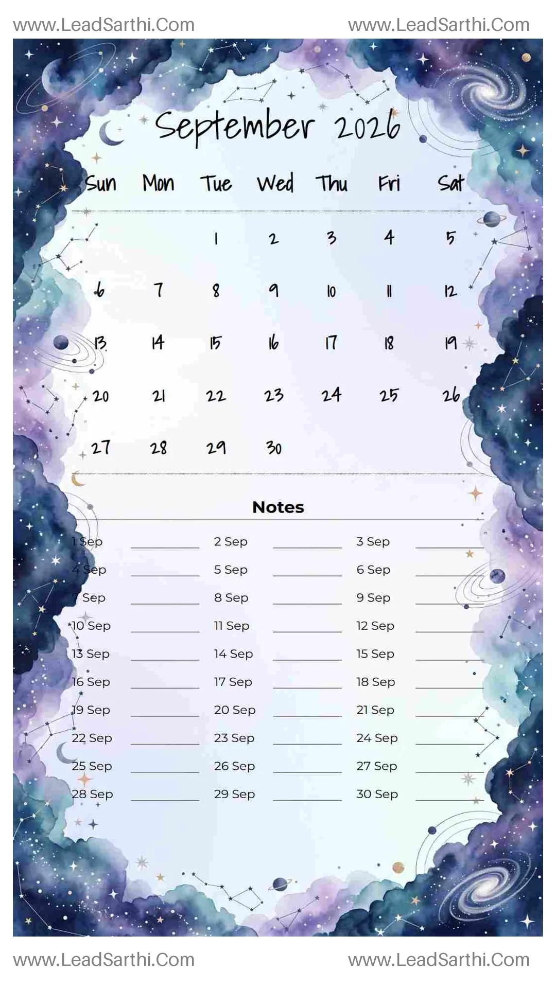 Printable September 2026 Calendar Template 21 Galaxy Theme 116 Thumbnail
