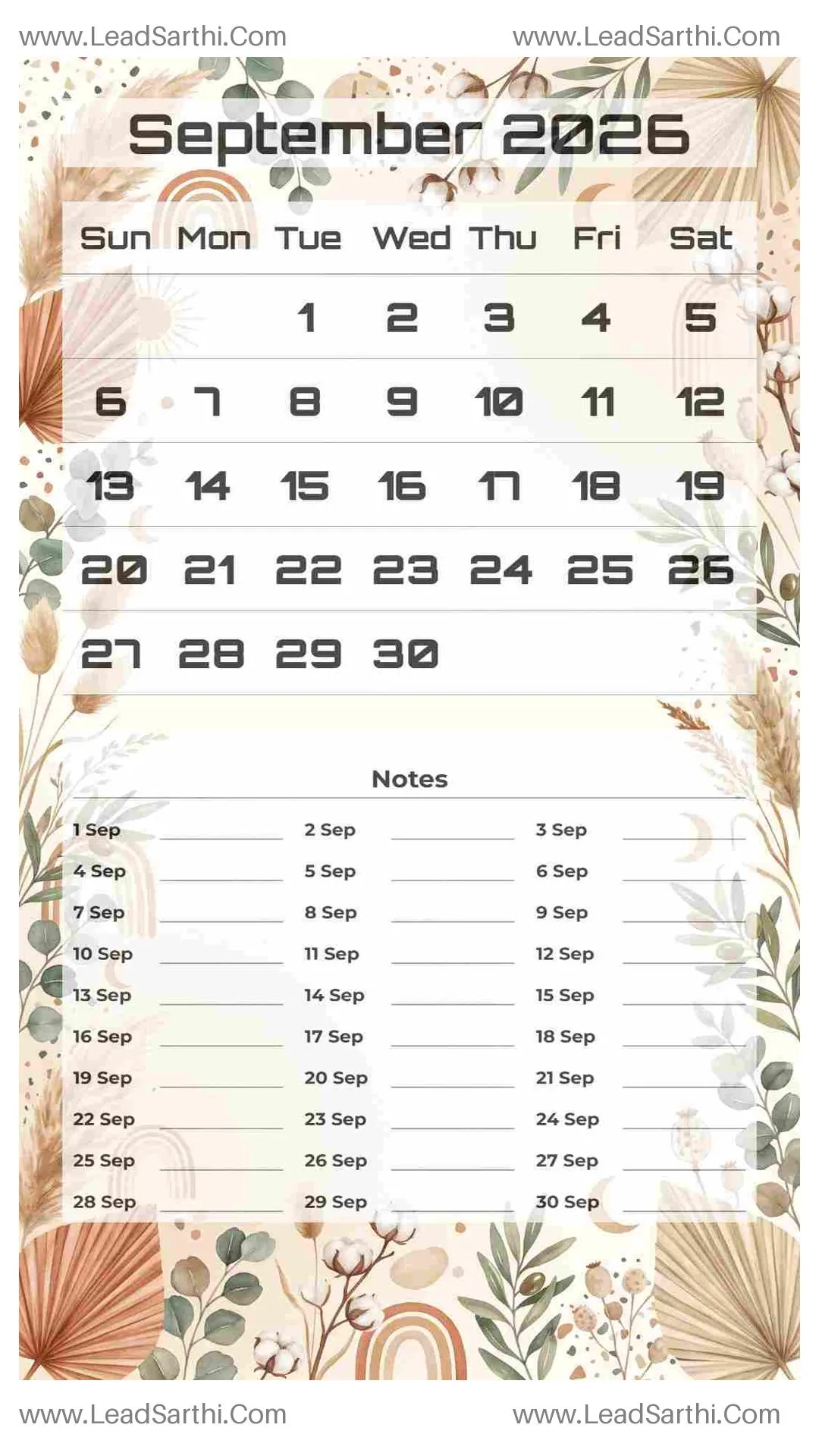 Printable September 2026 Calendar Template 15 Botonical Theme 118 Thumbnail