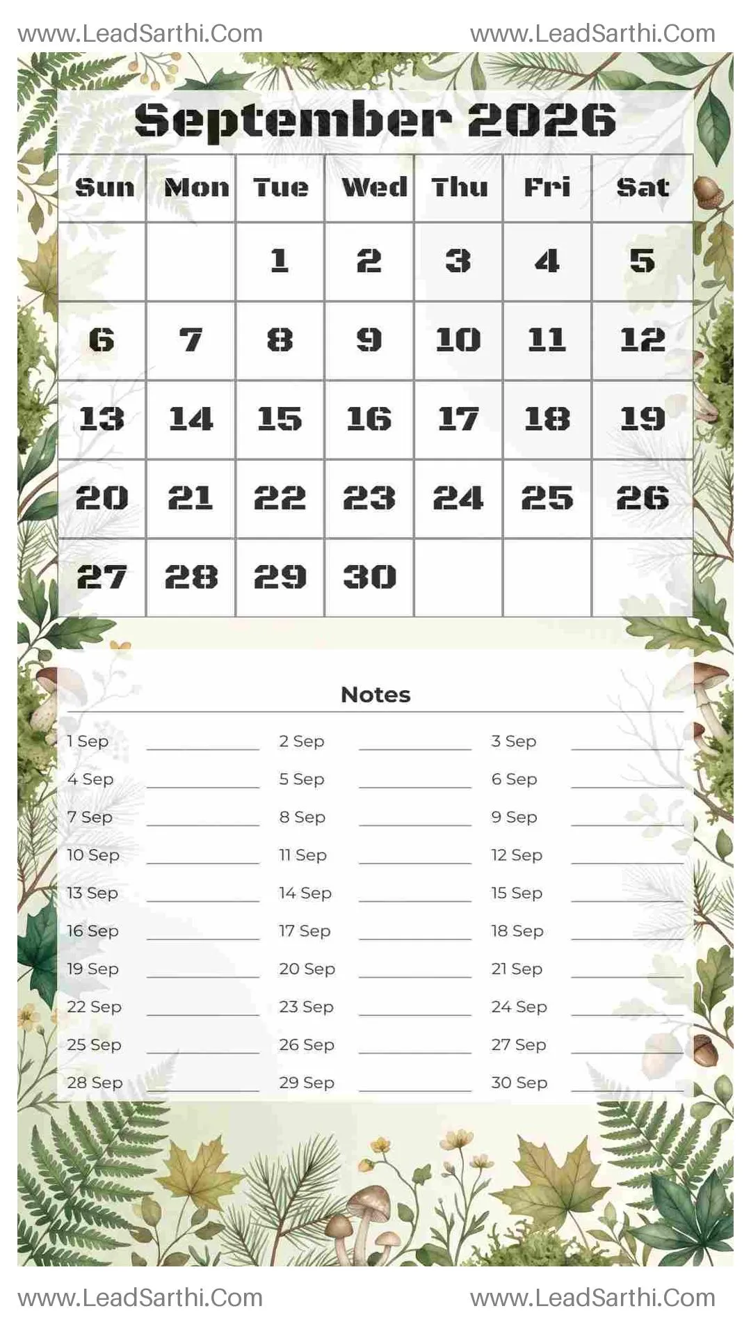 Printable September 2026 Calendar Template 6 Forest Theme 281 Thumbnail
