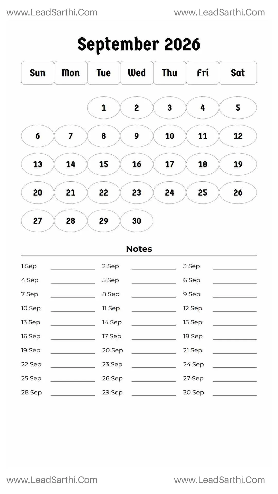 Printable September 2026 Calendar Template 9 White BG 66 Thumbnail