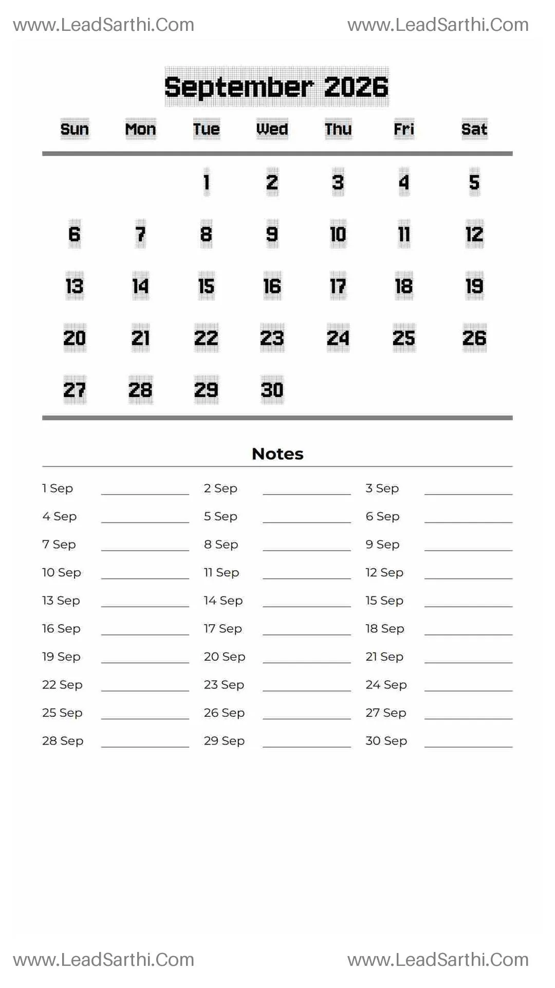 Printable September 2026 Calendar Template 4 White BG 159 Thumbnail