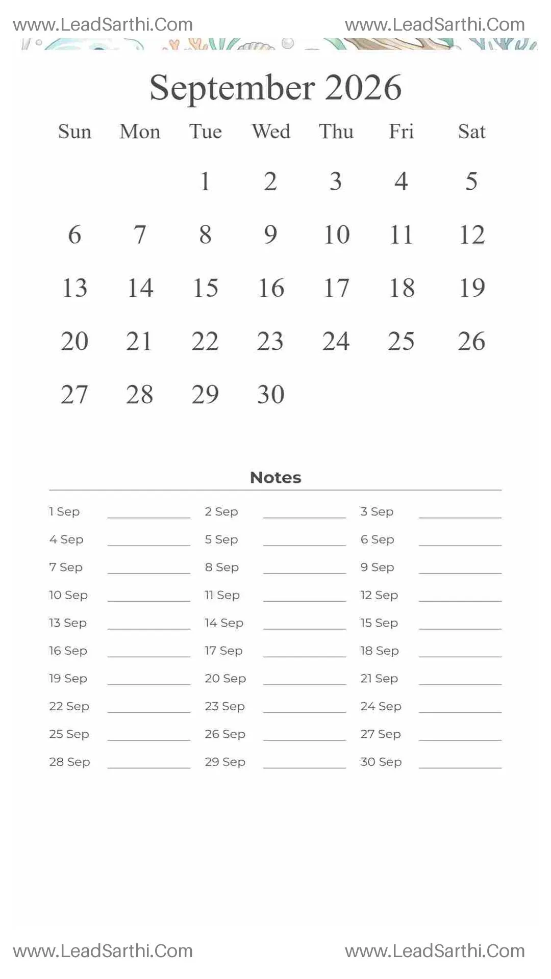 Printable September 2026 Calendar Template 1 Ocean Theme 260 Thumbnail