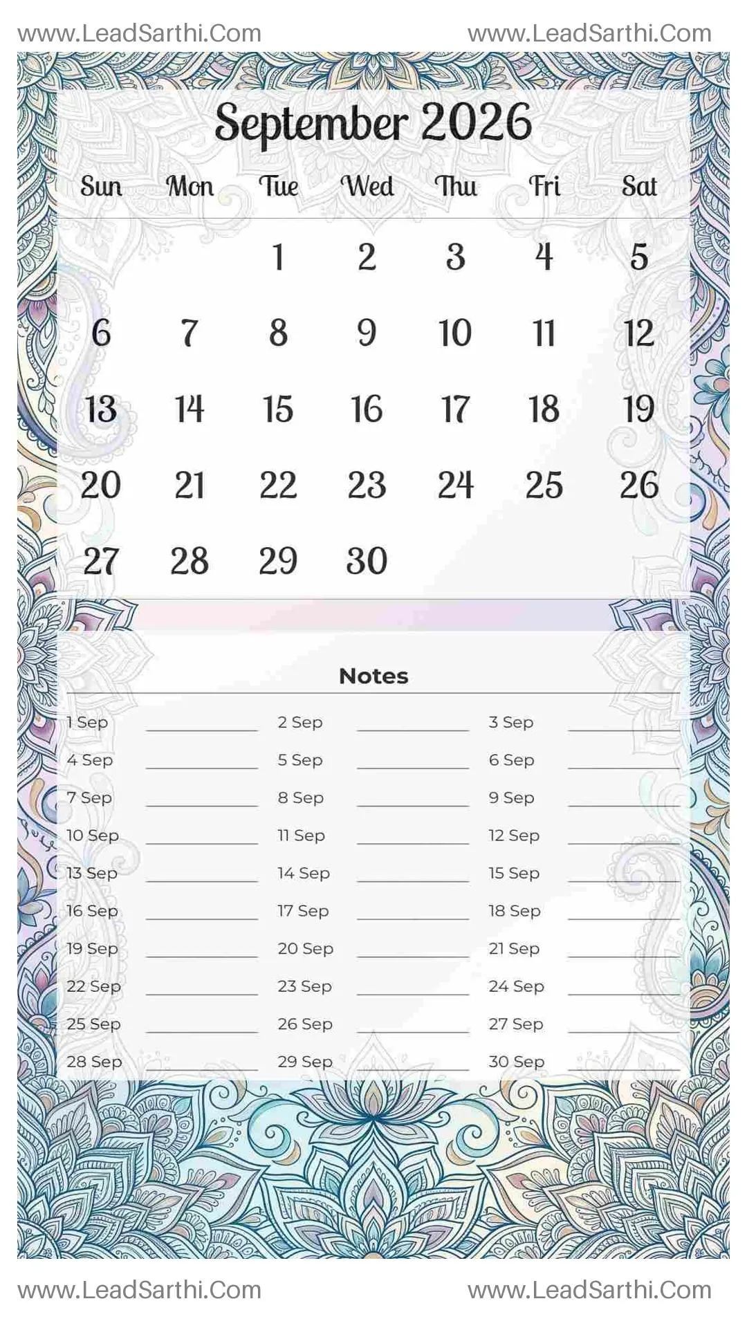 Printable September 2026 Calendar Template 11 Mandala Theme 256 Thumbnail