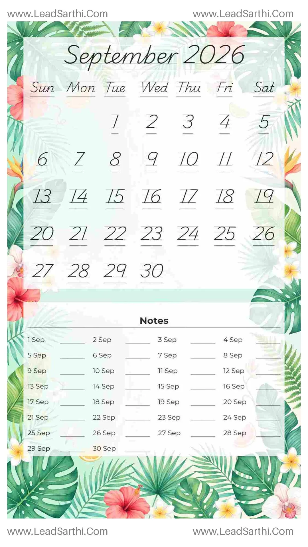 Printable September 2026 Calendar Template 3 Summer Theme 293 Thumbnail