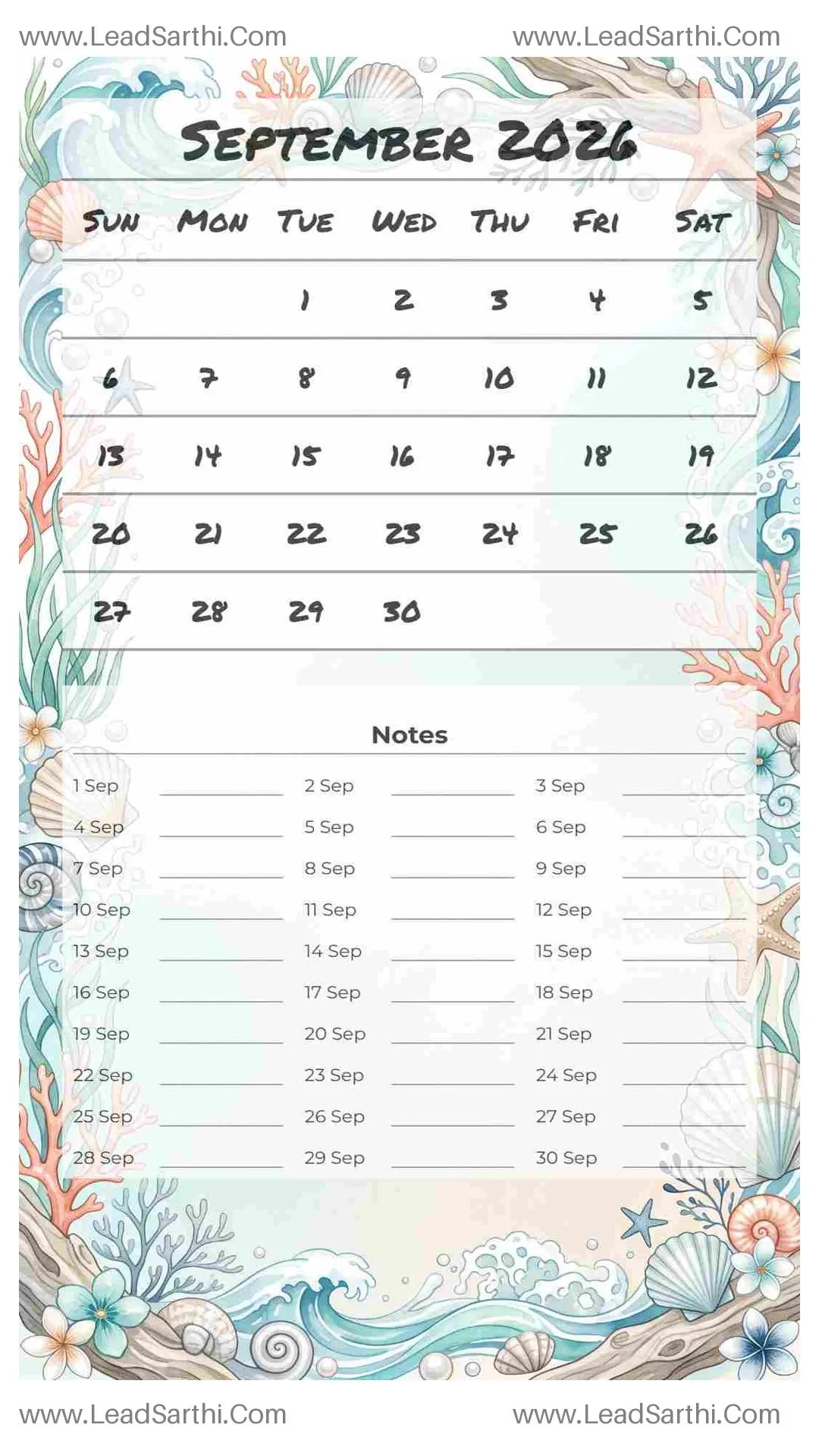 Printable September 2026 Calendar Template 24 Ocean Theme 208 Thumbnail
