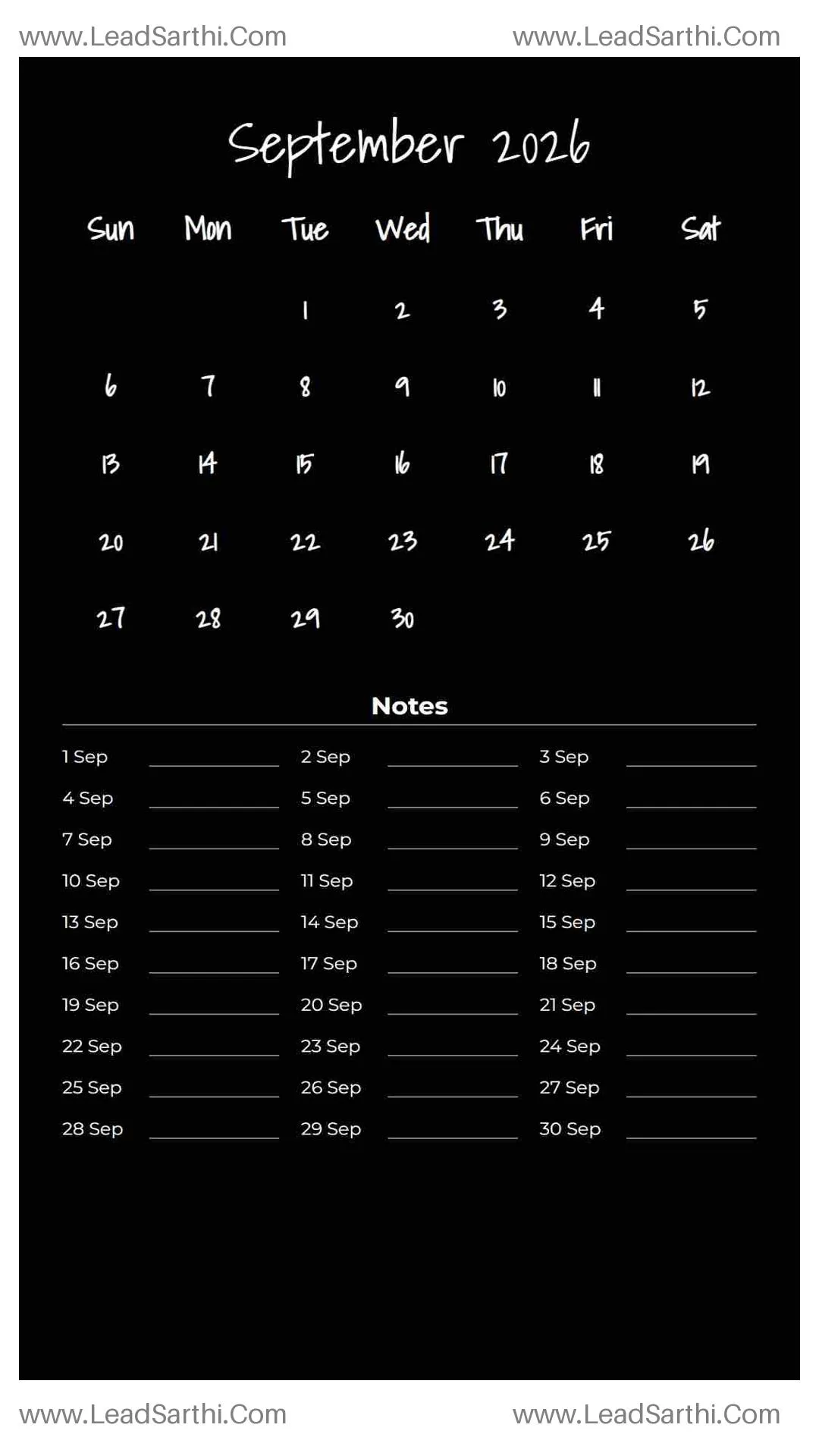 Printable September 2026 Calendar Template 21 Dark Theme 164 Thumbnail