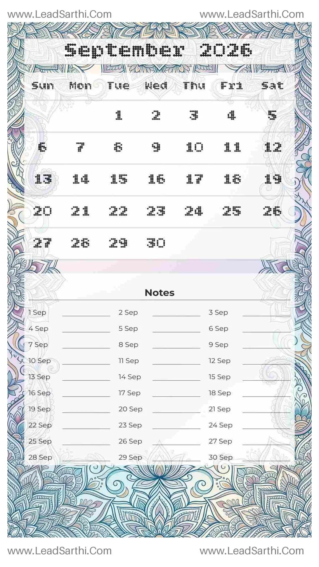 Printable September 2026 Calendar Template 7 Mandala Theme 266 Thumbnail