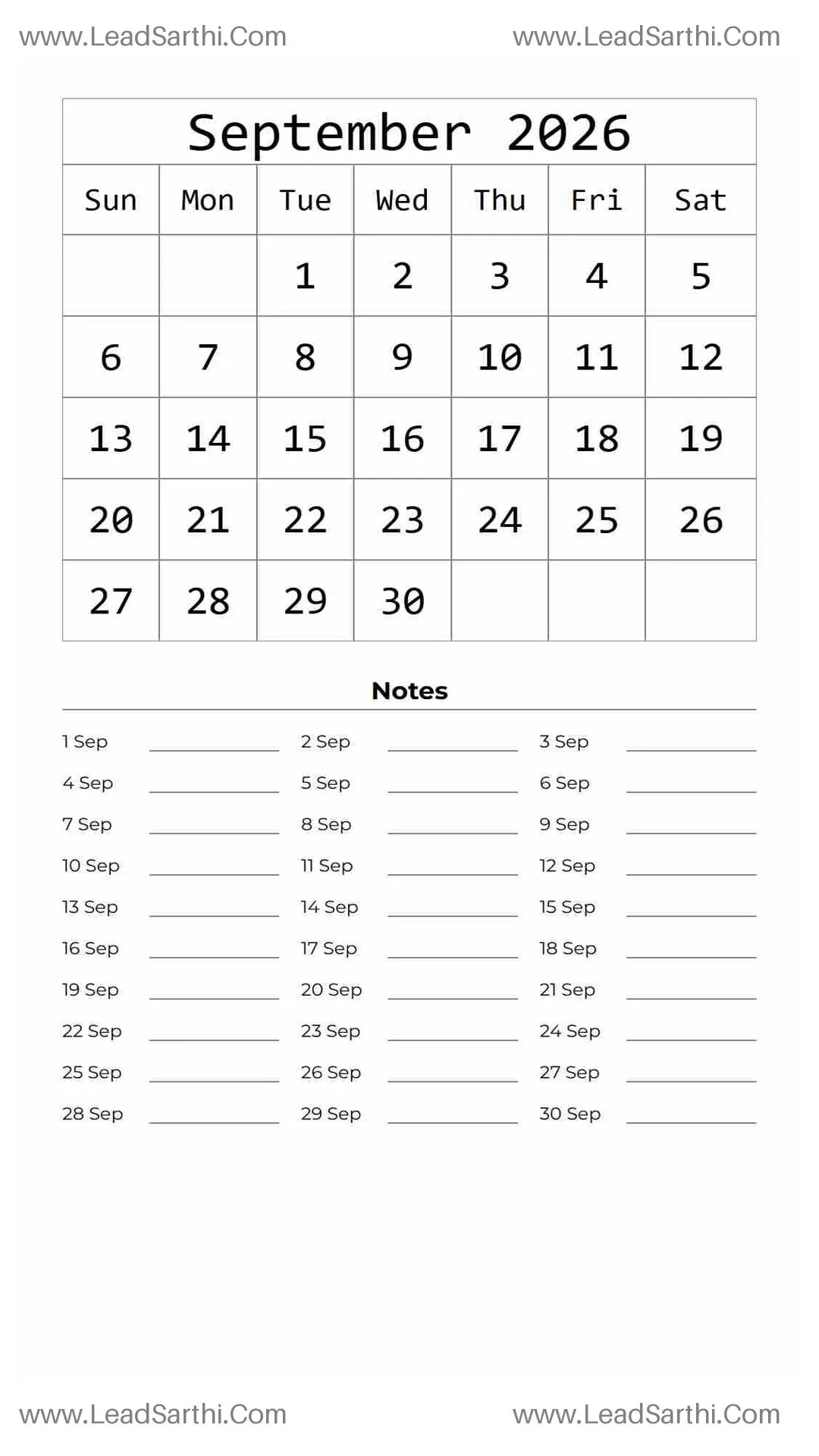 Printable September 2026 Calendar Template 8 White BG 245 Thumbnail